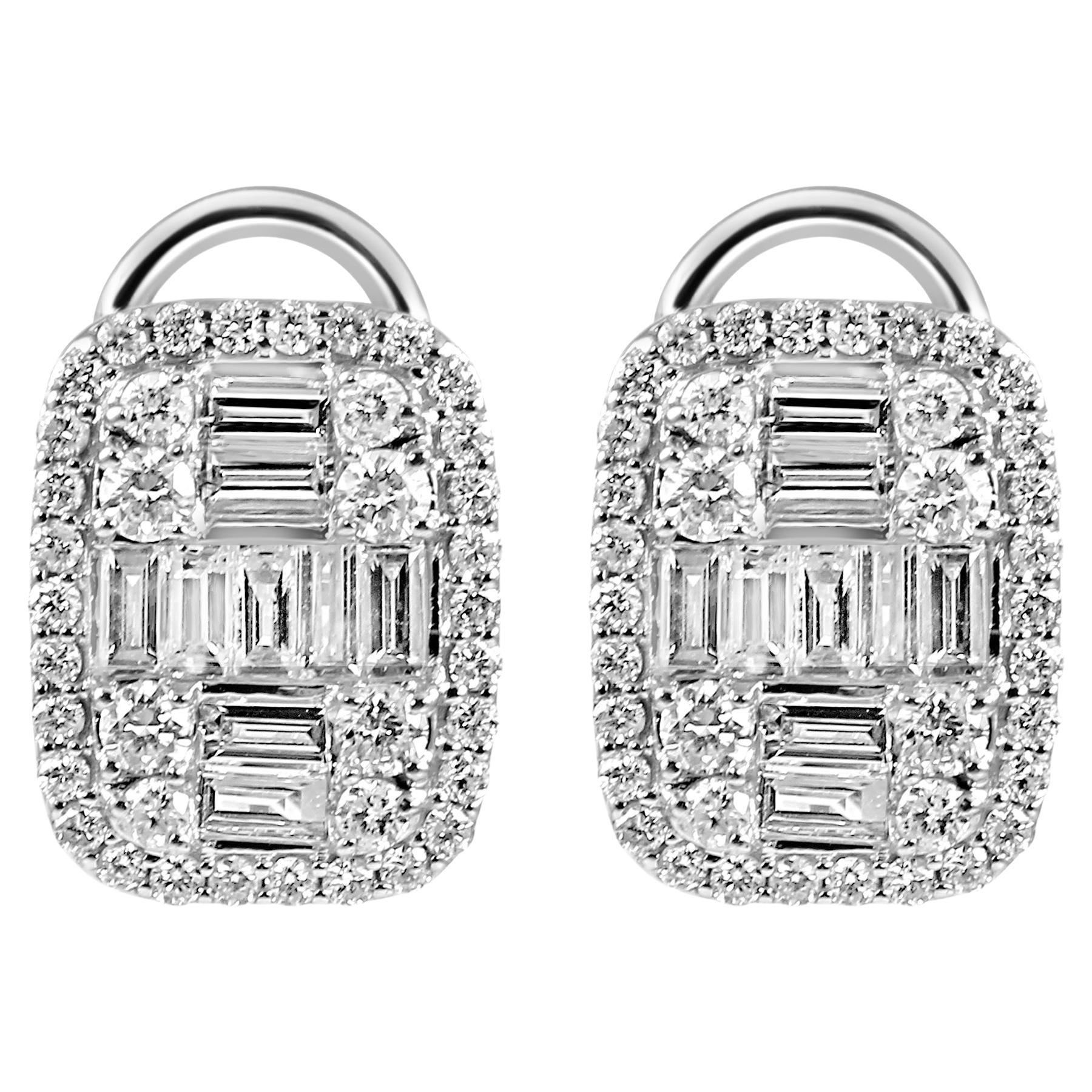 White Diamond Baguette Round Halo 14K White Gold Fashion Lever Back Earring For Sale