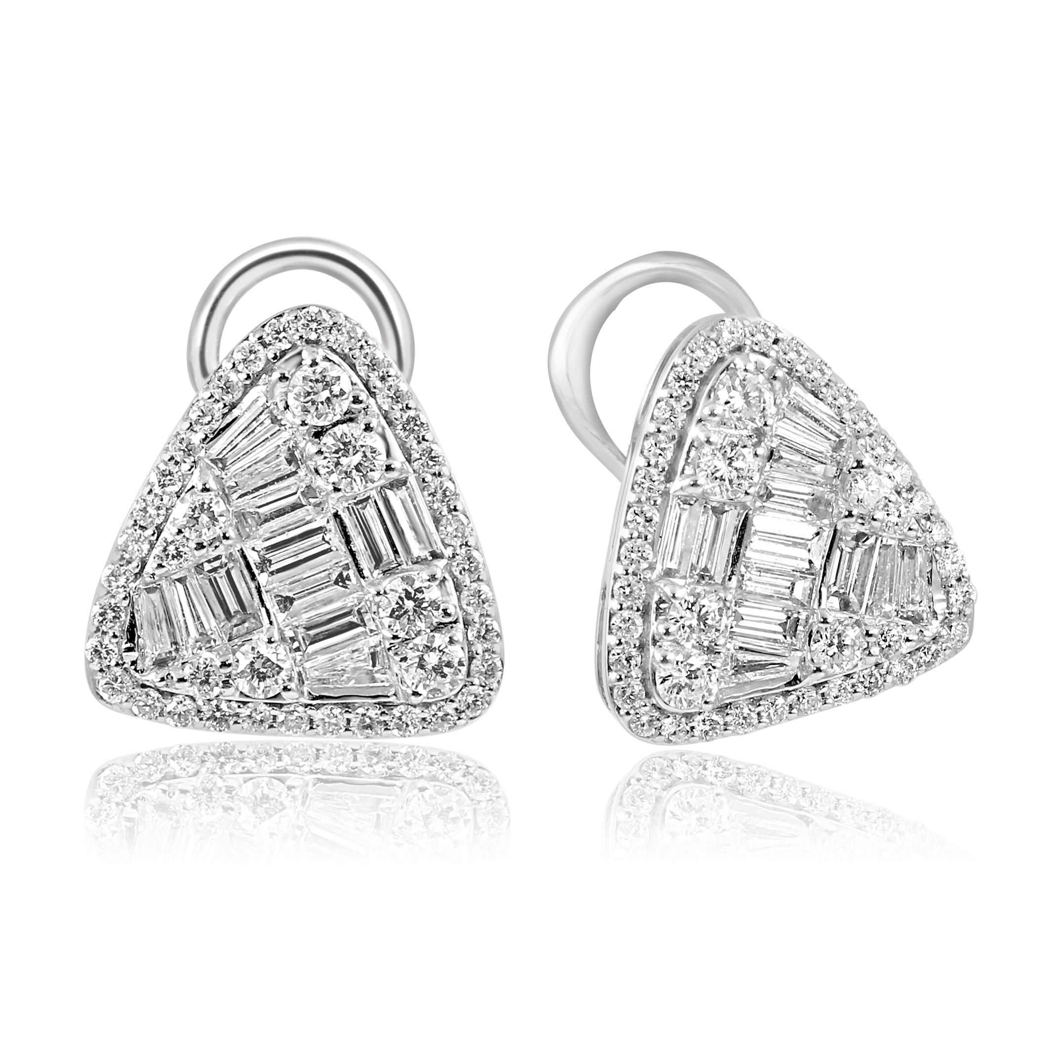 Modern White Diamond Baguette Round Halo White Gold Triangle Shape Lever Back Earring For Sale