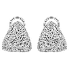 White Diamond Baguette Round Halo 14 Karat Gold Triangle Lever Back Earring