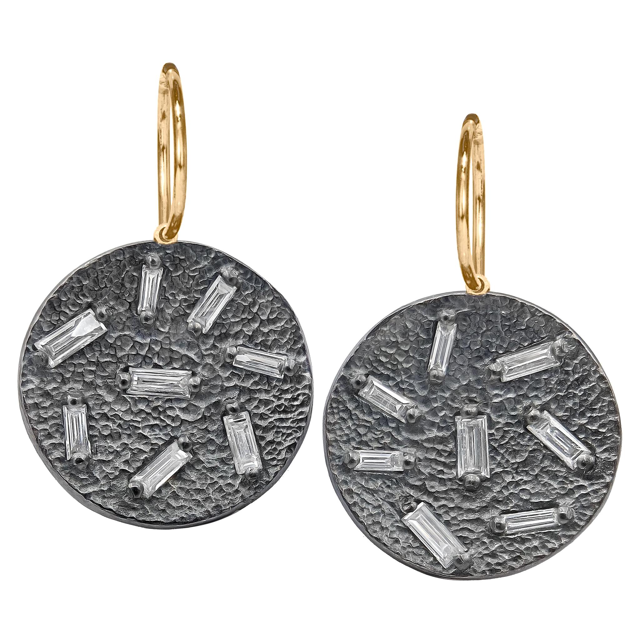 White Diamond Baguette Textured Concave Coin Oxidized Silver Drop Earrings
