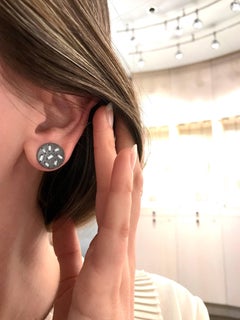 White Diamond Baguette Textured Concave Coin Oxidized Silver Stud Earrings
