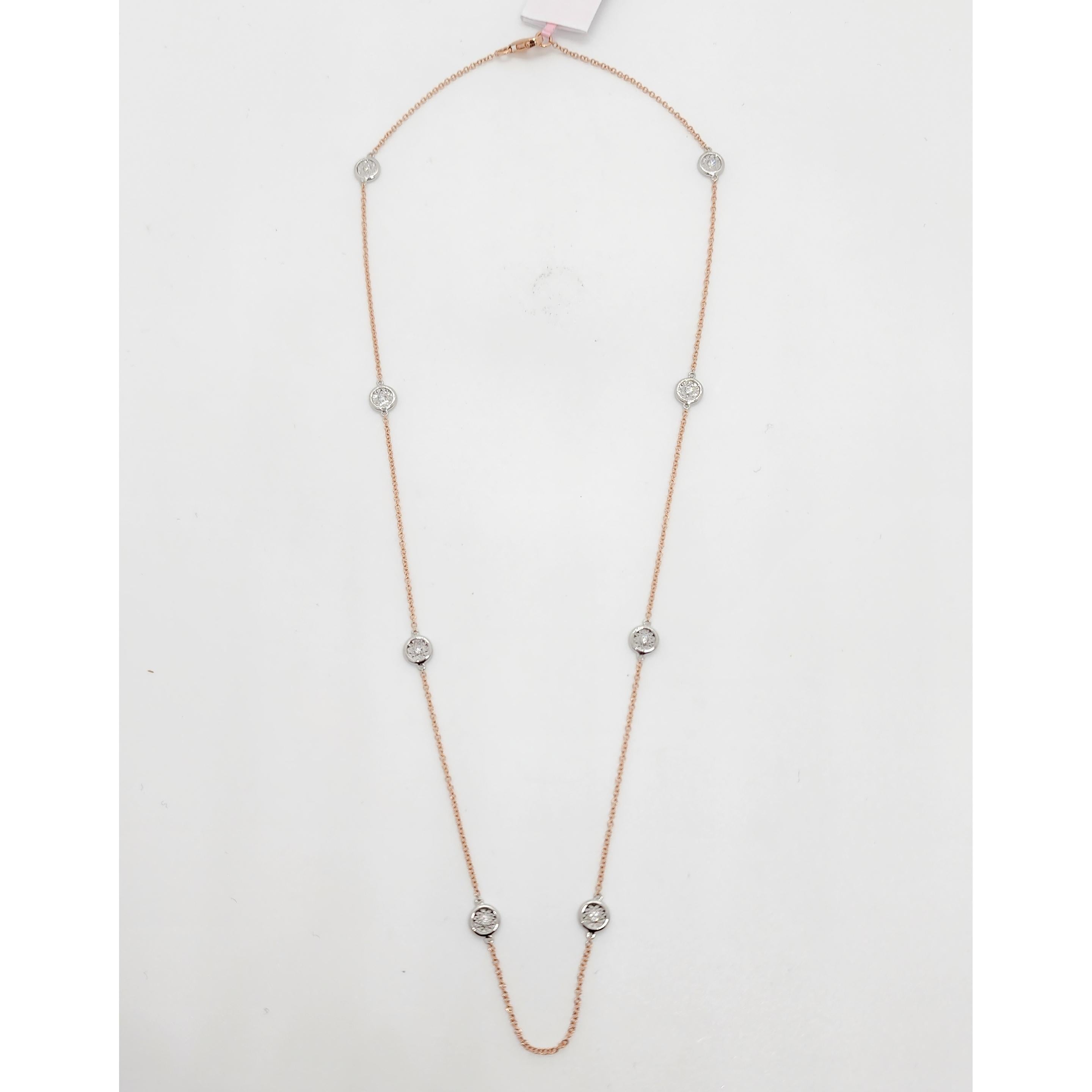 Weiße Diamant-Halskette mit Lünette und Kette aus 14 Karat Rosé- und Weißgold (Rundschliff) im Angebot