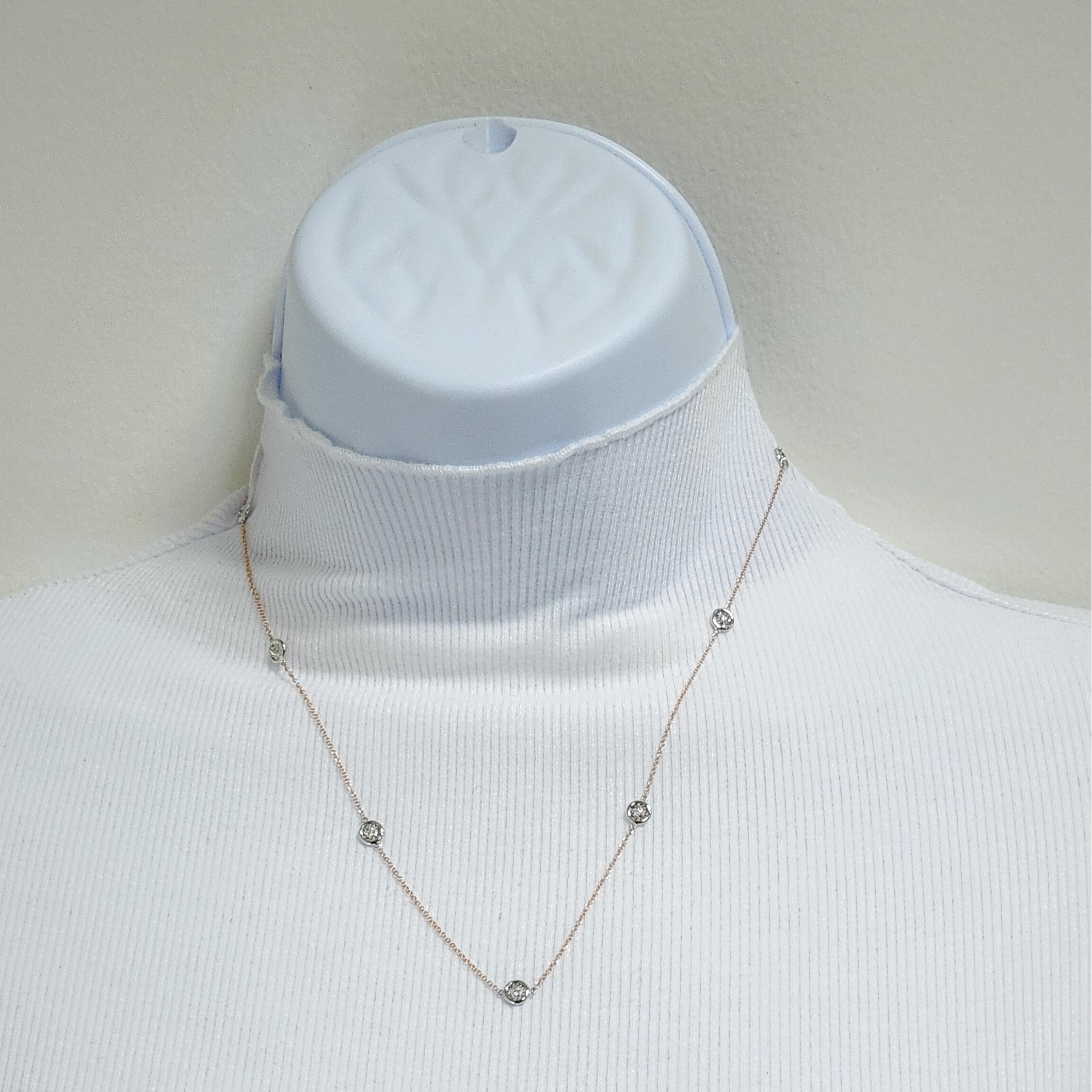 Weiße Diamant-Halskette mit Lünette und Kette aus 14 Karat Rosé- und Weißgold für Damen oder Herren im Angebot