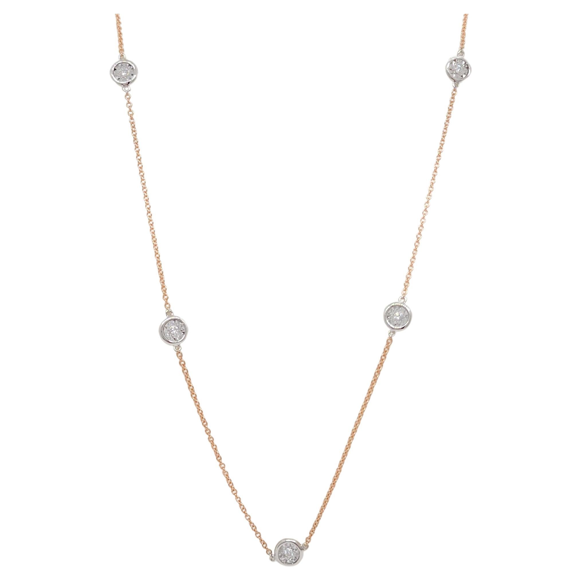 White Diamond Bezel and Chain Necklace in 14k Rose and White Gold