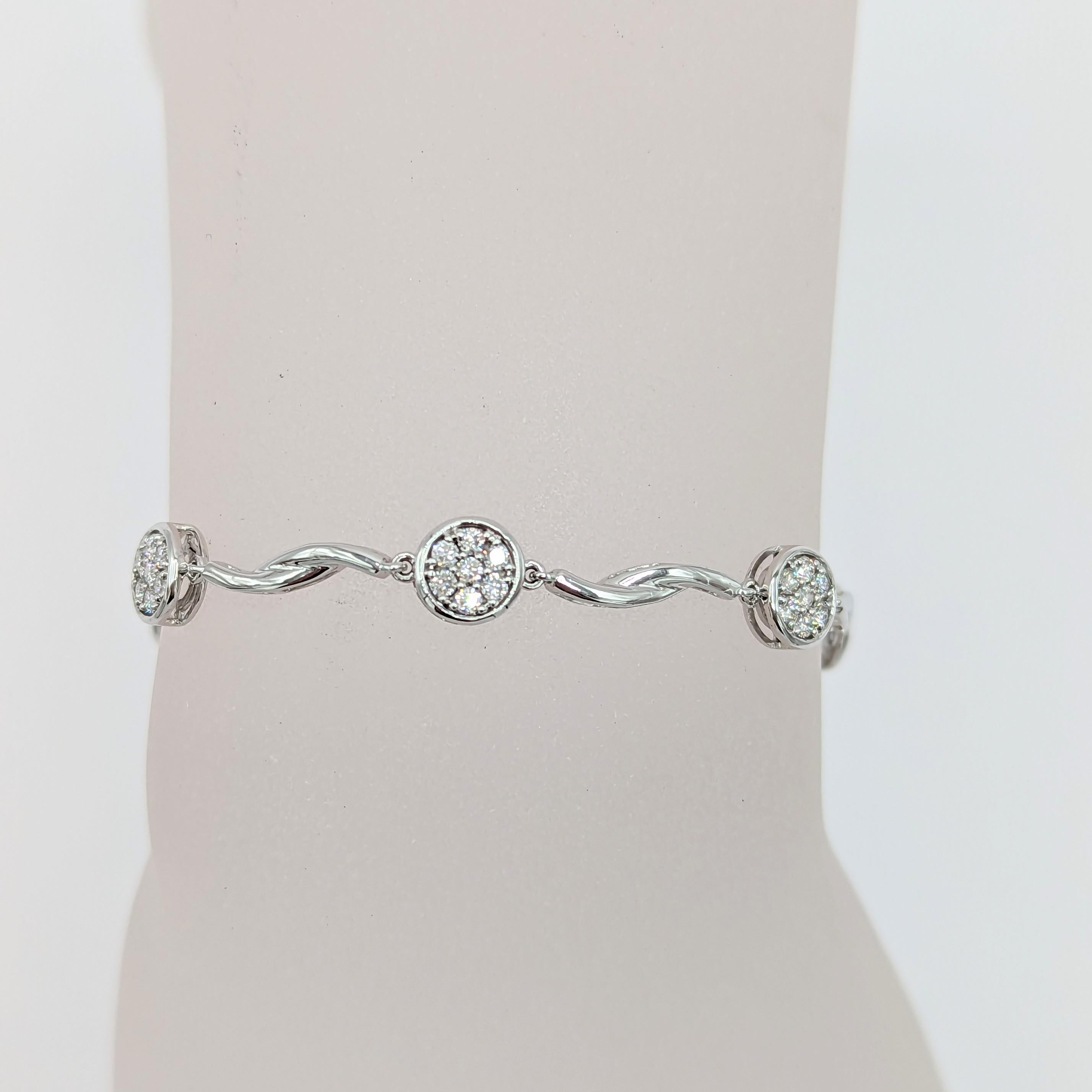 Round Cut White Diamond Bezel Cluster Bracelet in 14K White Gold For Sale