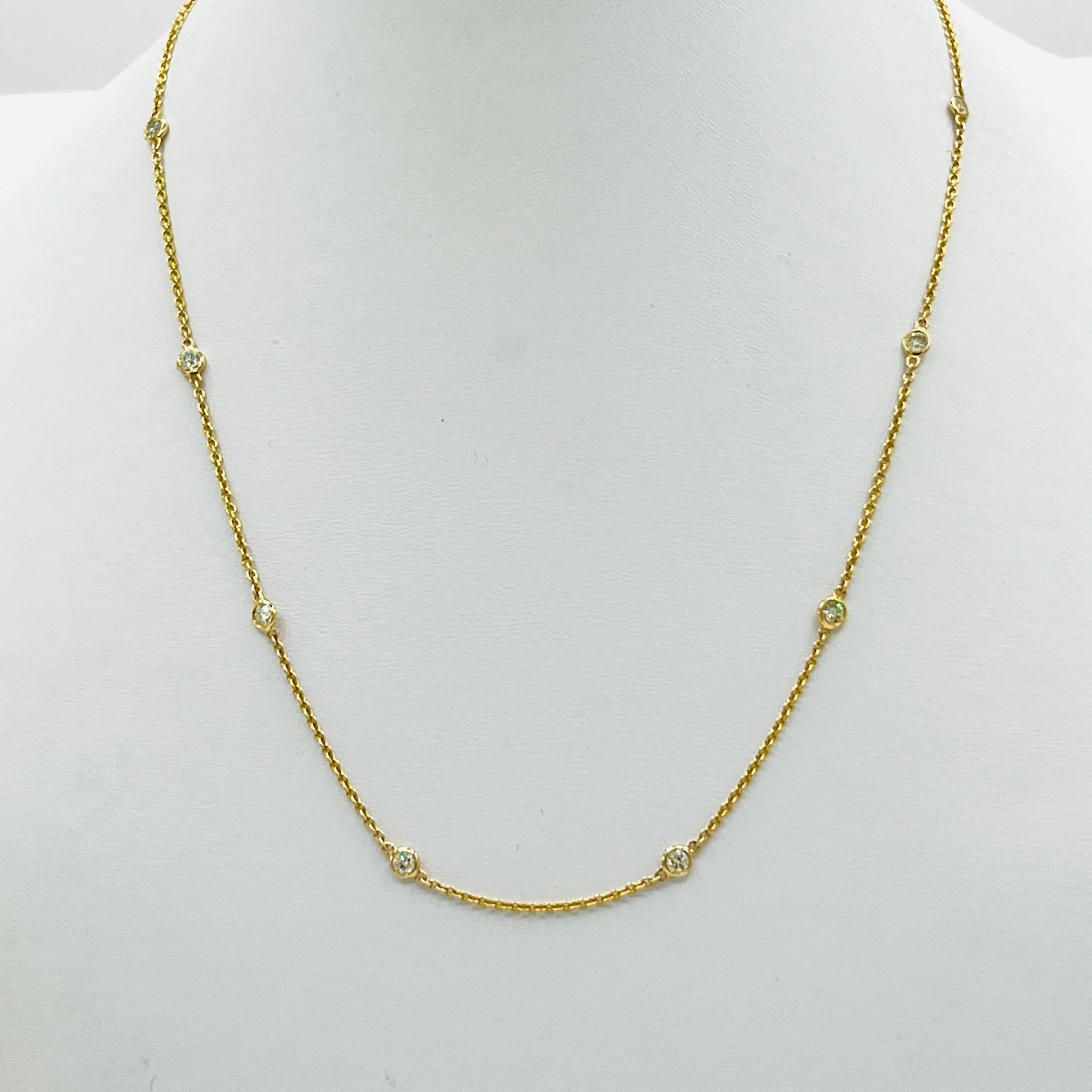 Round Cut White Diamond Bezel Station Necklace in 14K Yellow Gold For Sale