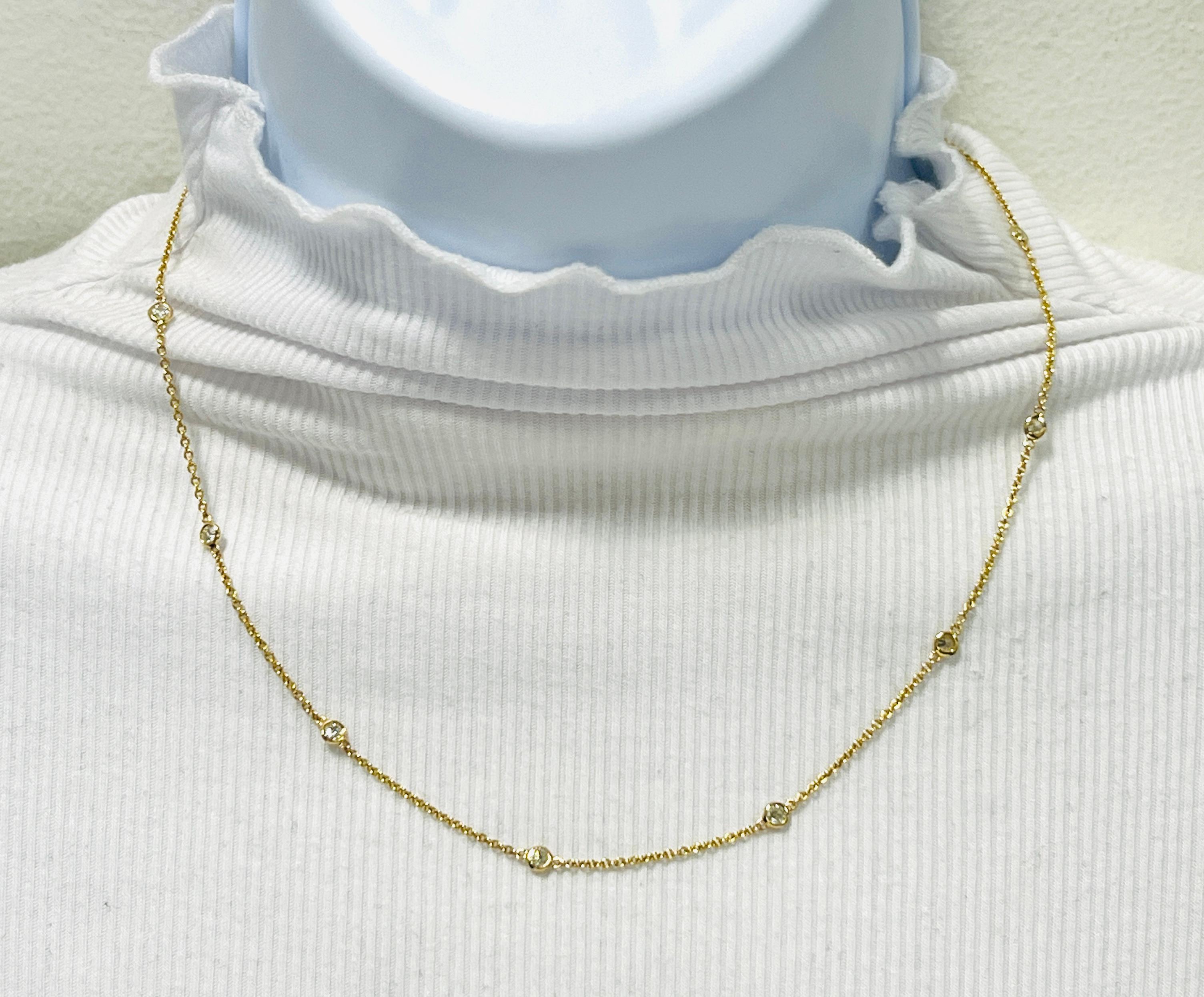 White Diamond Bezel Station Necklace in 14K Yellow Gold For Sale 1