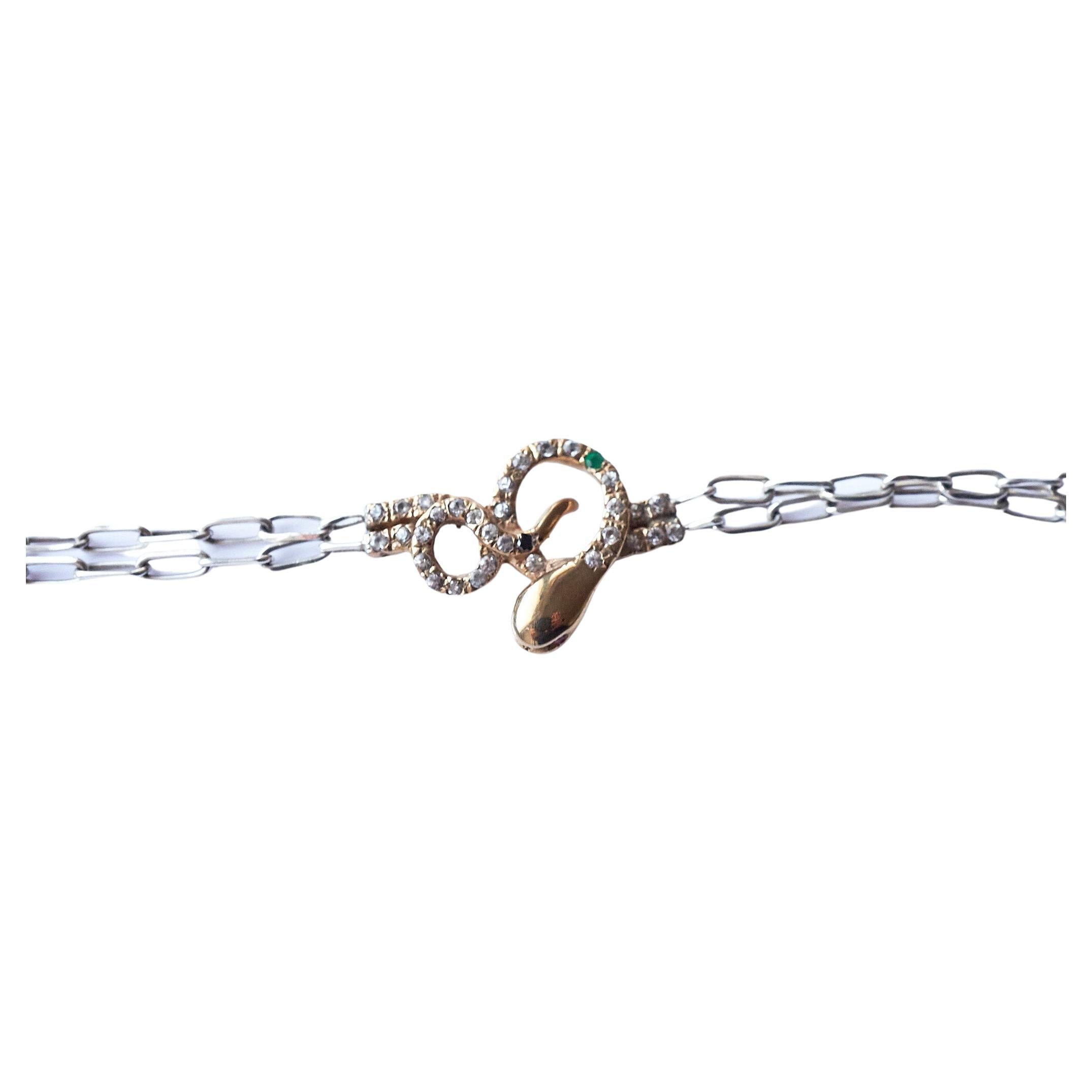 White Diamond Black Diamond Emerald Ruby Snake Bracelet Silver Chain Bronze  'Sparkle companion