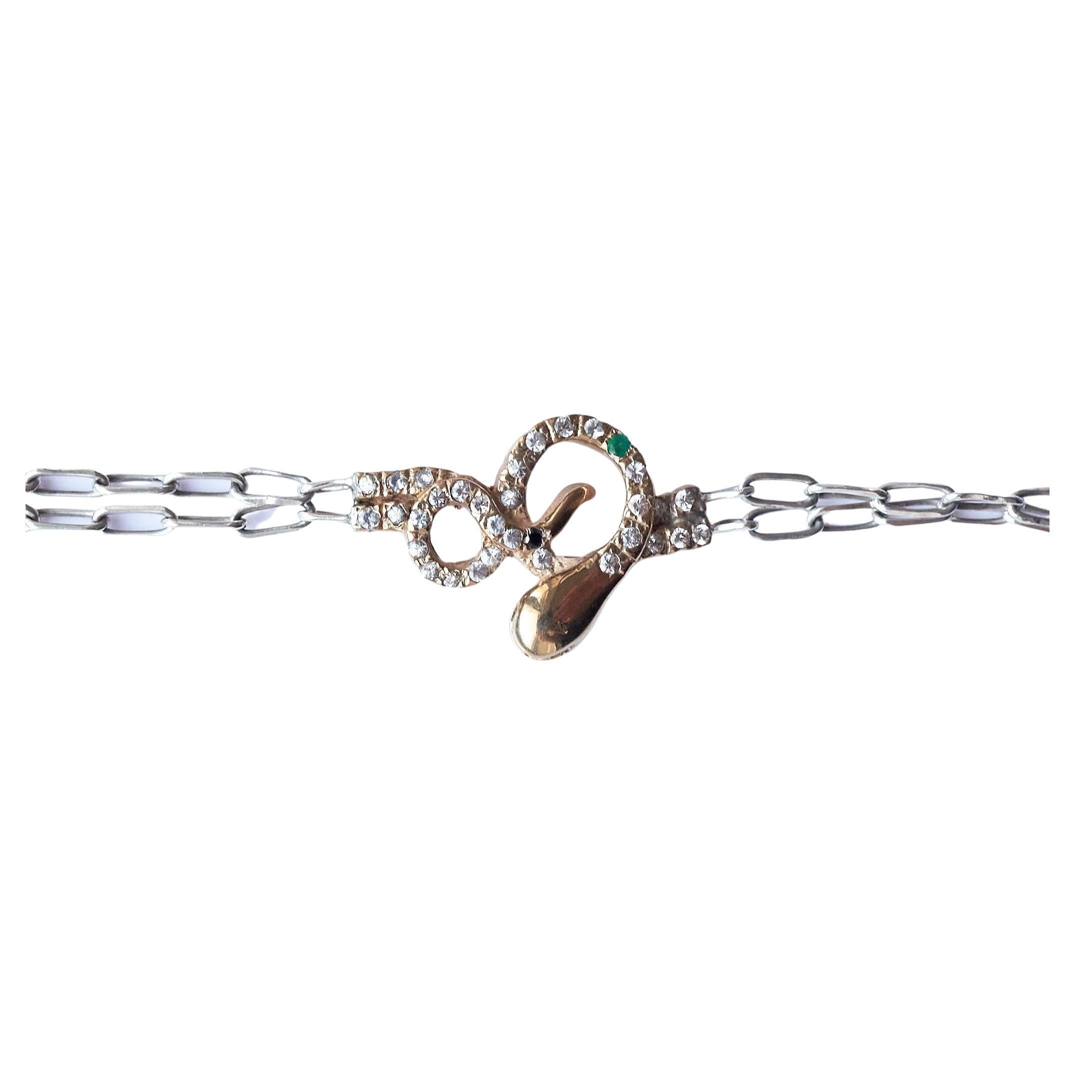 Bracelet serpent en argent avec diamants blancs, diamants noirs, émeraudes et rubis et chaîne en bronze