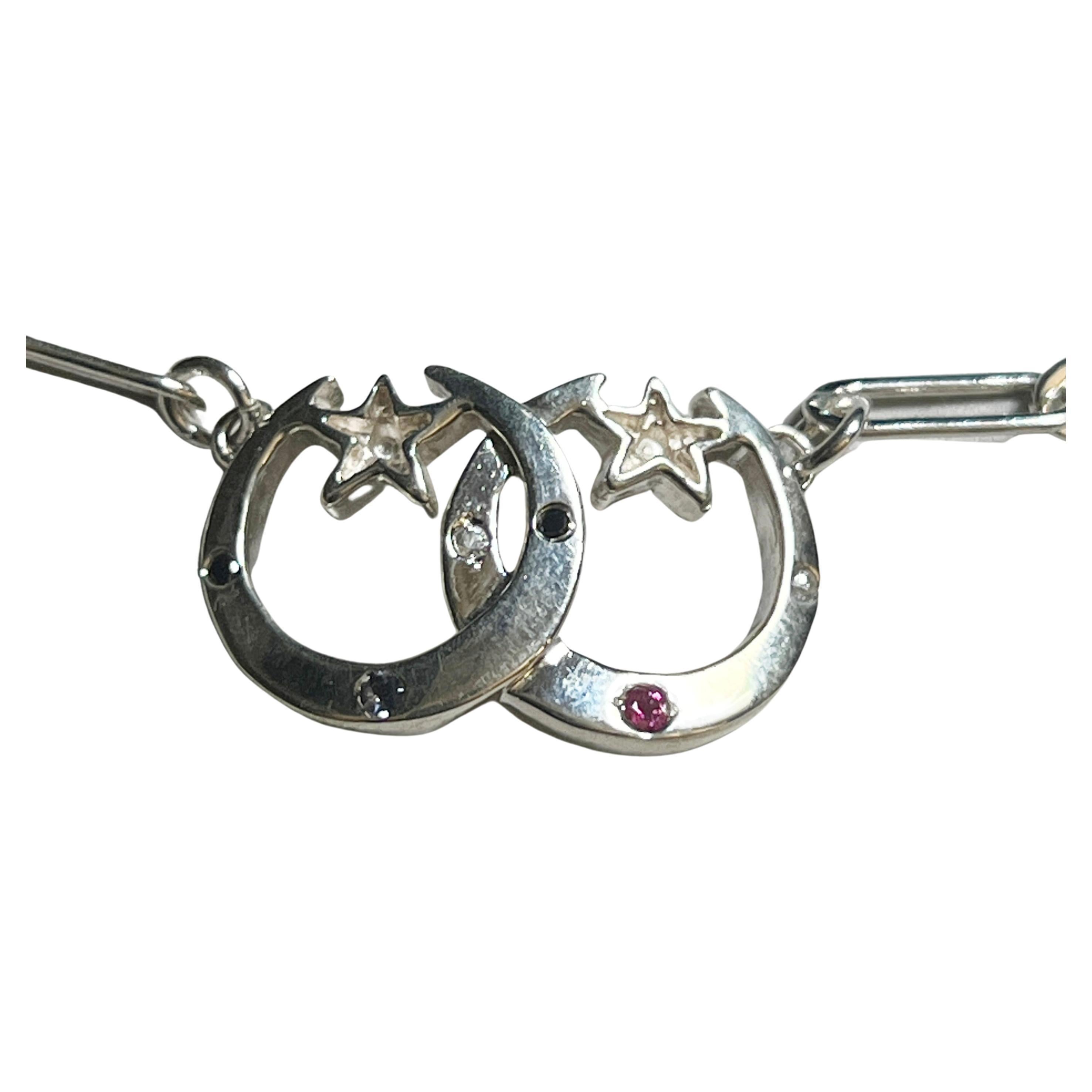 Contemporary White Diamond Black Diamond Moon Star Choker Chain Necklace Sterling Silver  For Sale