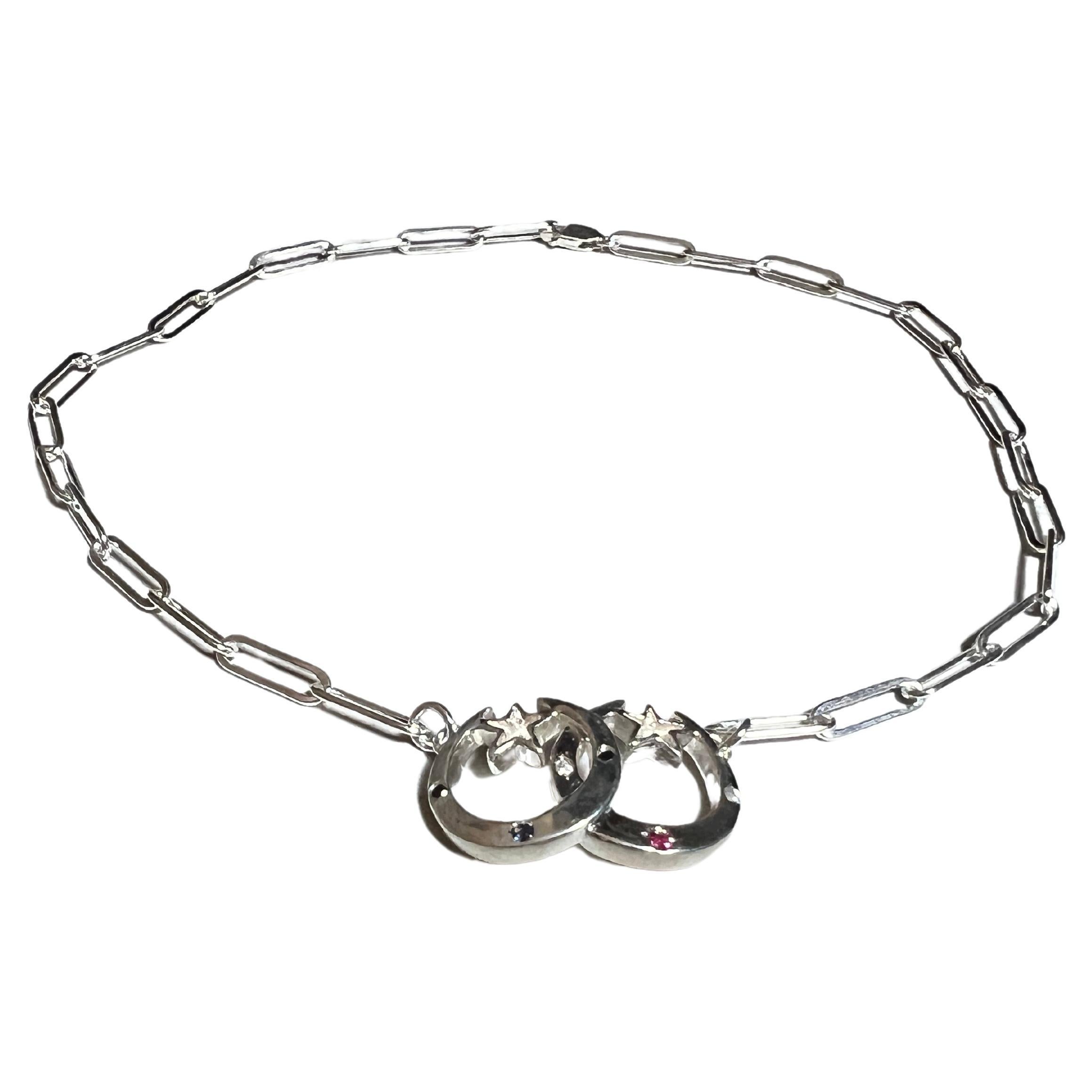 Brilliant Cut White Diamond Black Diamond Moon Star Choker Chain Necklace Sterling Silver  For Sale