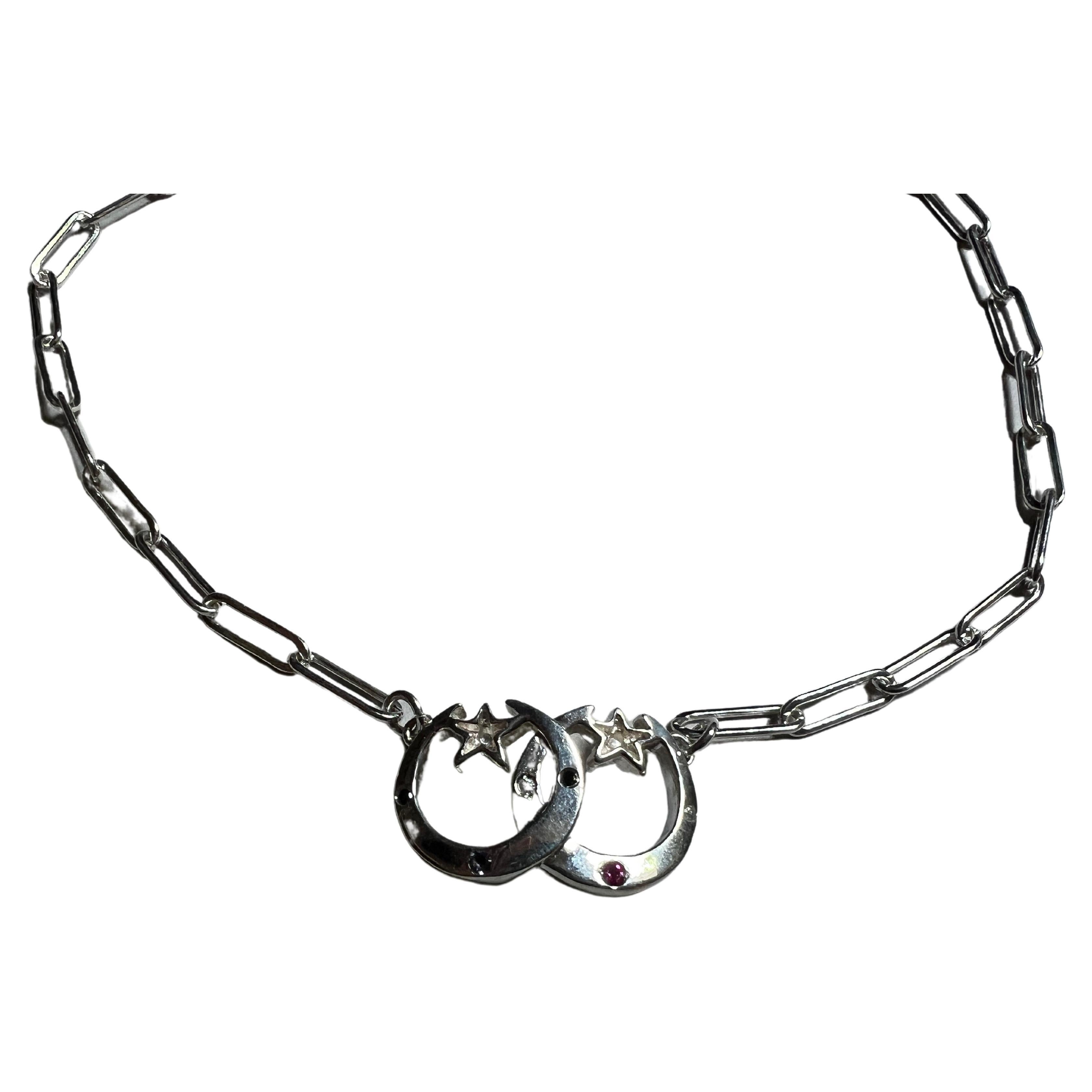 Women's White Diamond Black Diamond Moon Star Choker Chain Necklace Sterling Silver  For Sale