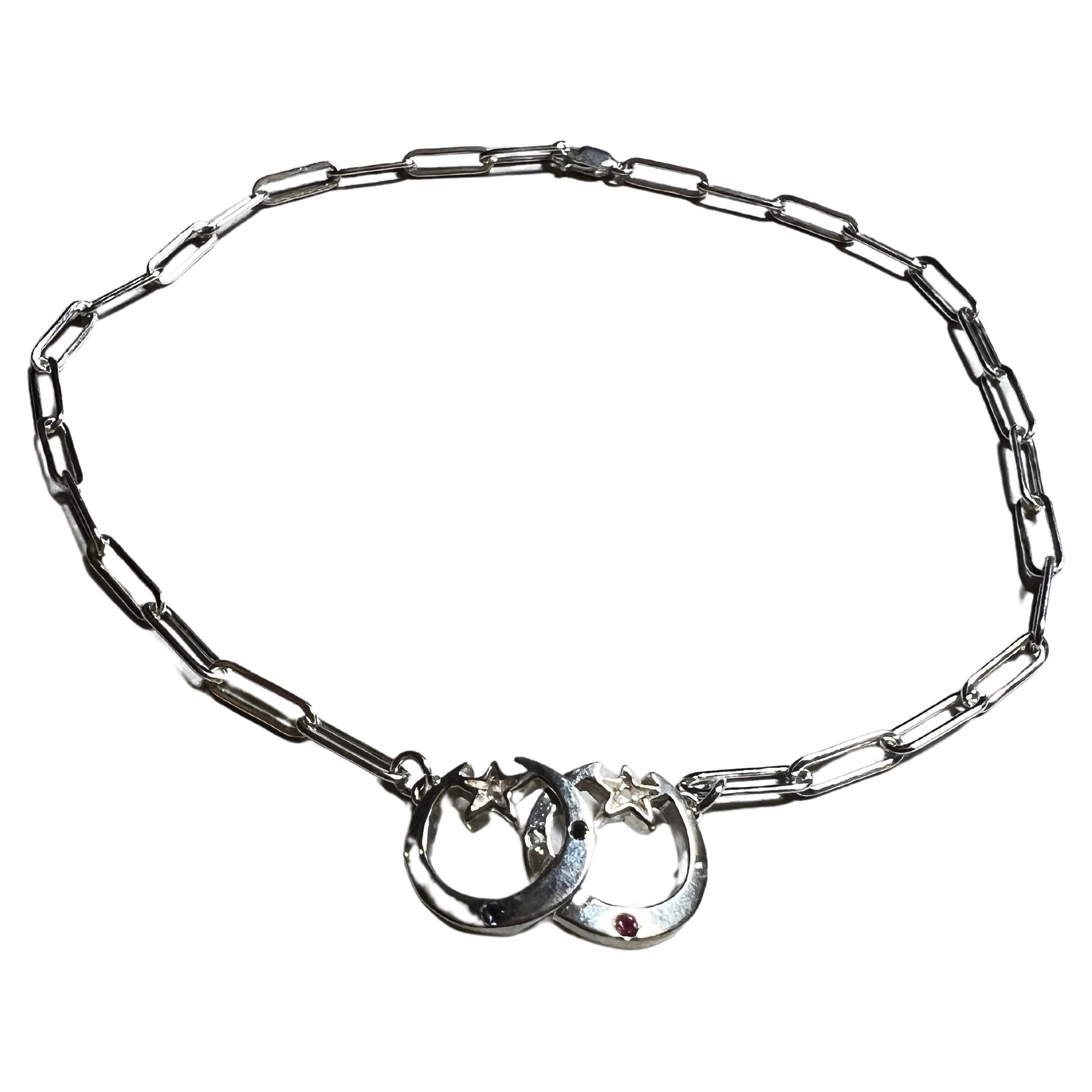 White Diamond Black Diamond Moon Star Choker Chain Necklace Sterling Silver  For Sale 1