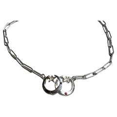 Used White Diamond Black Diamond Moon Star Choker Chain Necklace Sterling Silver 