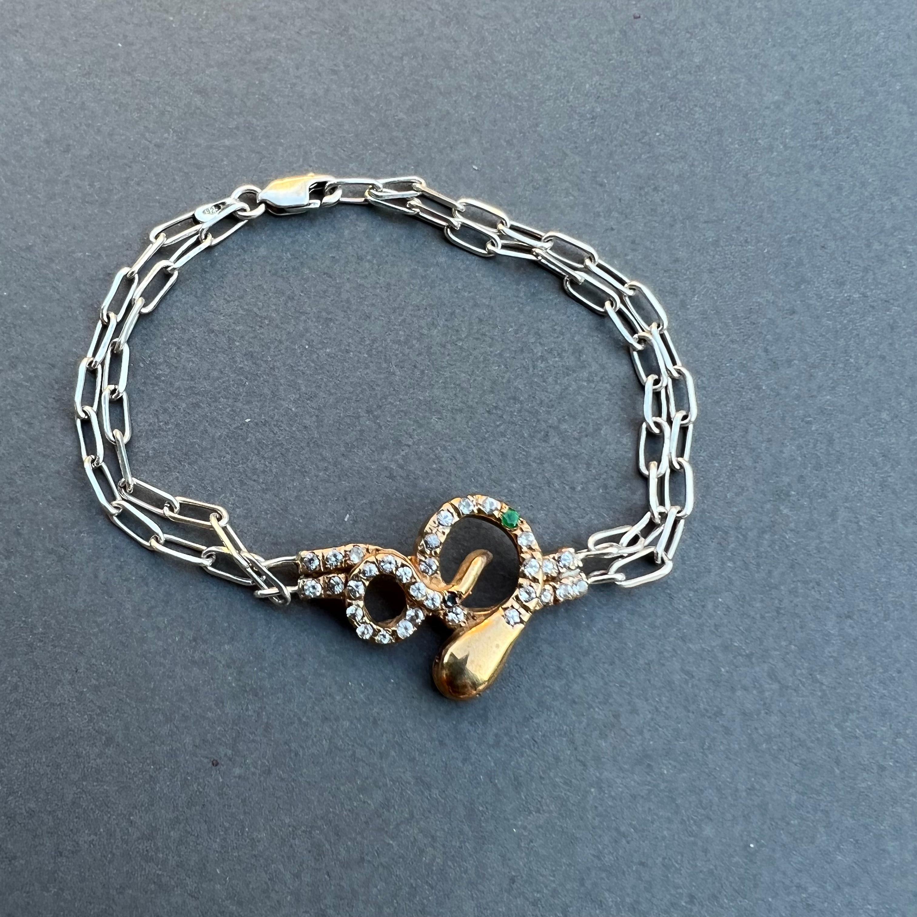 J Dauphin Bracelet serpent en diamant blanc, diamant noir, rubis et chaîne en argent et bronze en vente 4