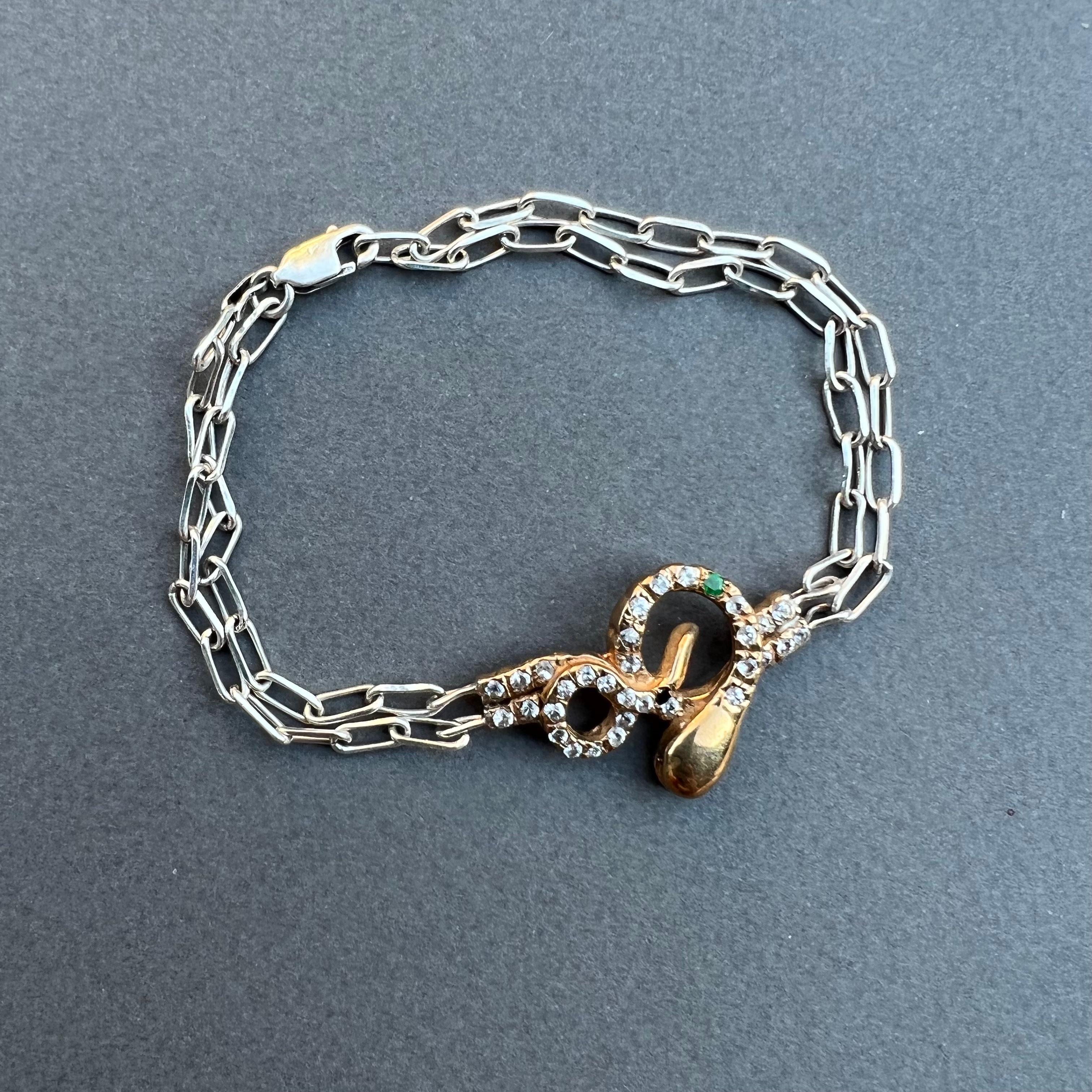 J Dauphin Bracelet serpent en diamant blanc, diamant noir, rubis et chaîne en argent et bronze en vente 7