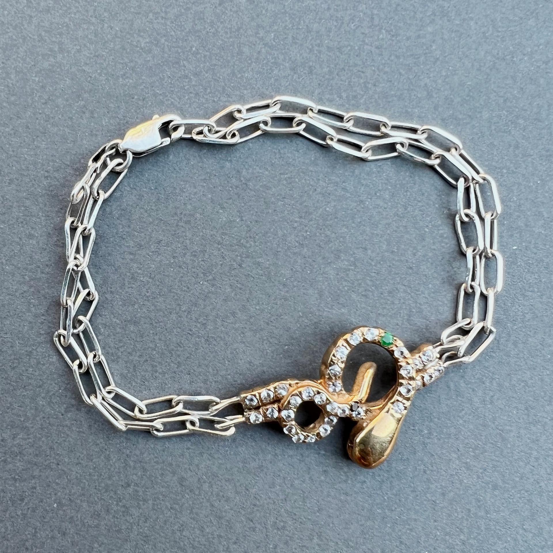 J Dauphin Bracelet serpent en diamant blanc, diamant noir, rubis et chaîne en argent et bronze en vente 8