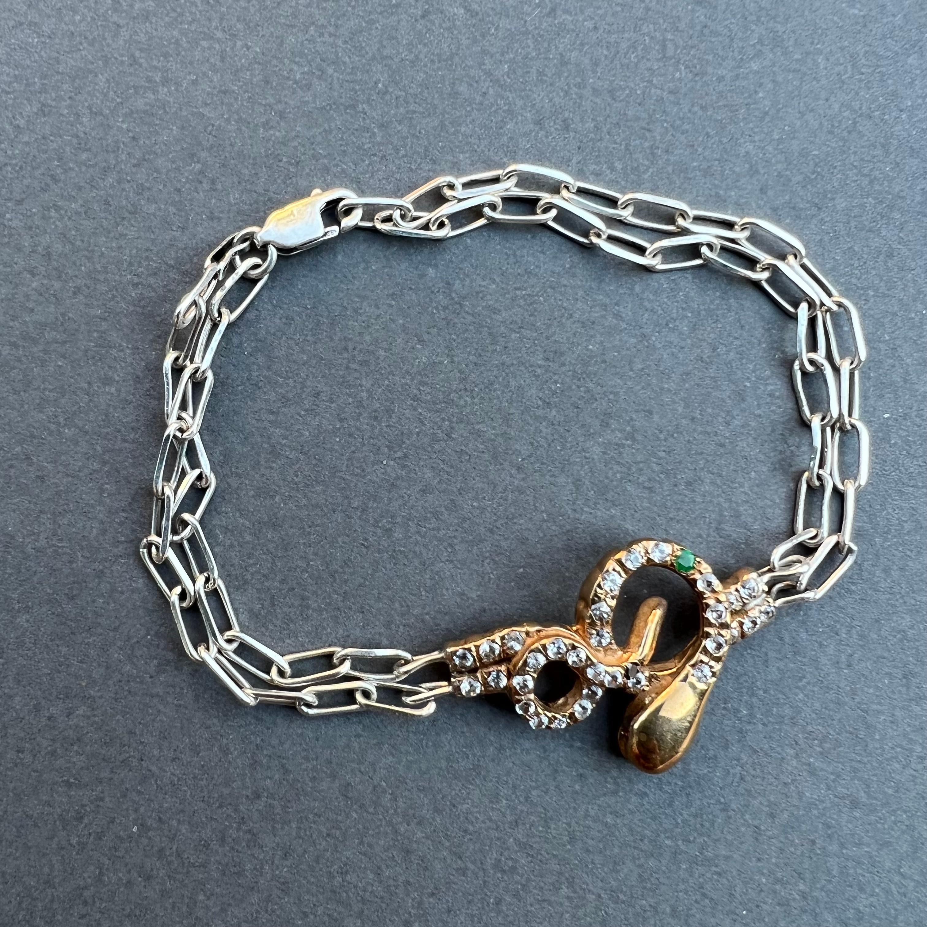 J Dauphin Bracelet serpent en diamant blanc, diamant noir, rubis et chaîne en argent et bronze en vente 9
