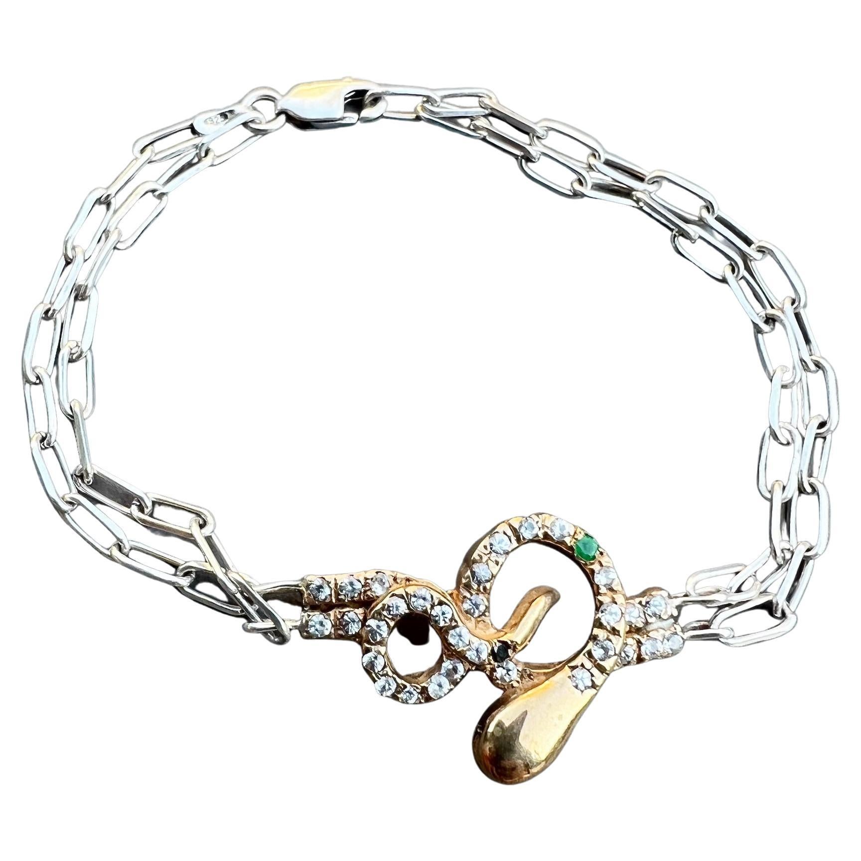 Taille ronde J Dauphin Bracelet serpent en diamant blanc, diamant noir, rubis et chaîne en argent et bronze en vente