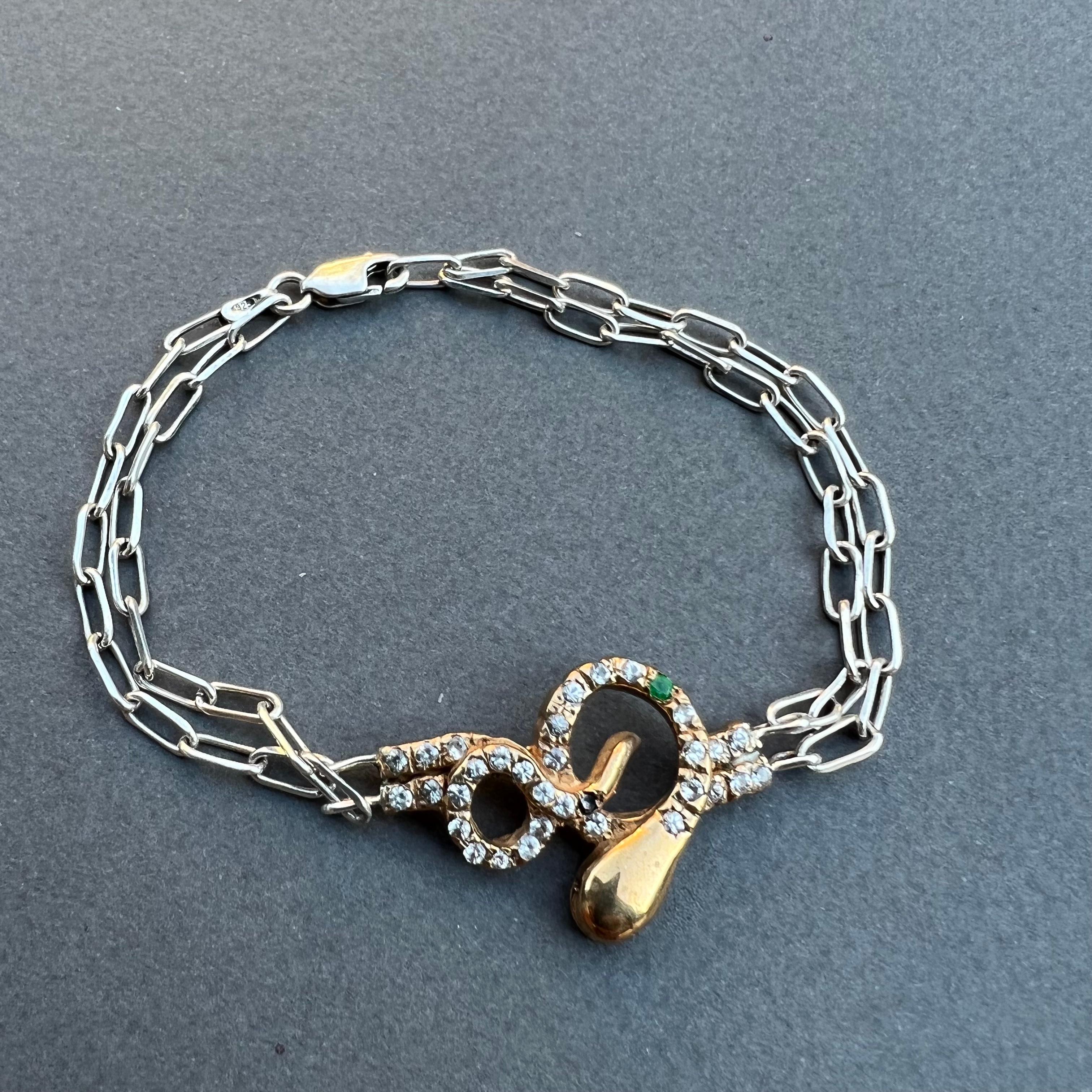 J Dauphin Bracelet serpent en diamant blanc, diamant noir, rubis et chaîne en argent et bronze en vente 1