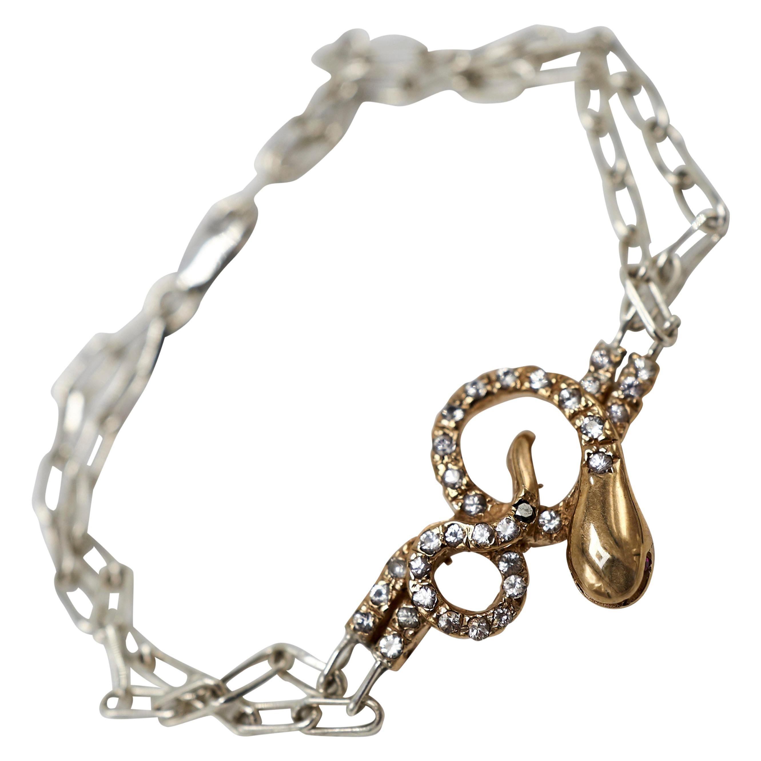 J Dauphin Bracelet serpent en diamant blanc, diamant noir, rubis et chaîne en argent et bronze Pour femmes en vente