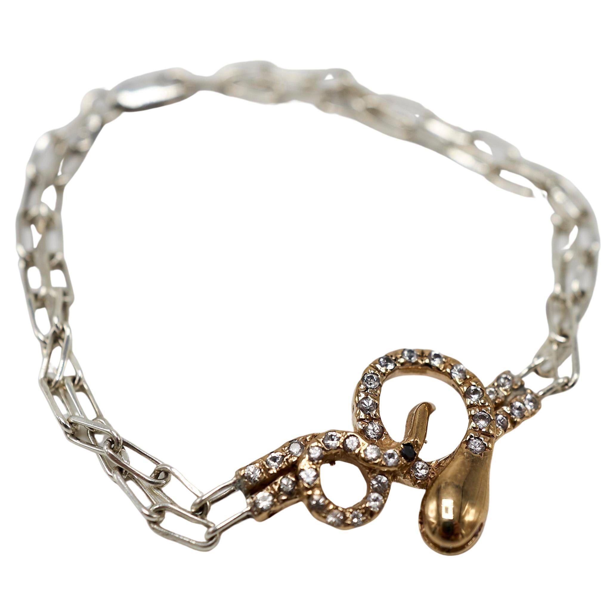 J Dauphin Bracelet serpent en or et argent avec diamants blancs, diamants noirs et rubis