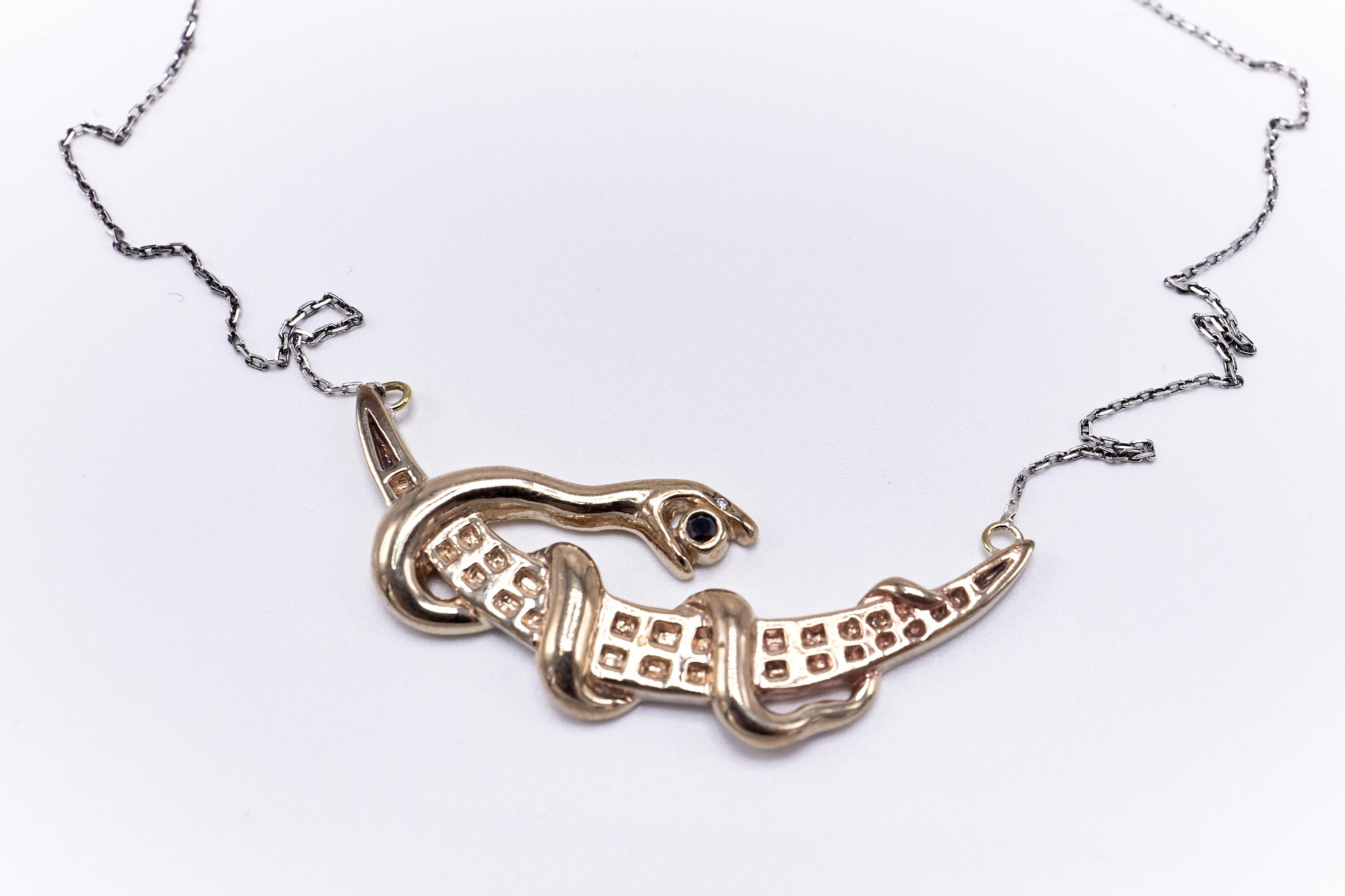 Collana a catena d'argento con diamante bianco e diamante nero con luna a serpente in stile vittoriano da 18