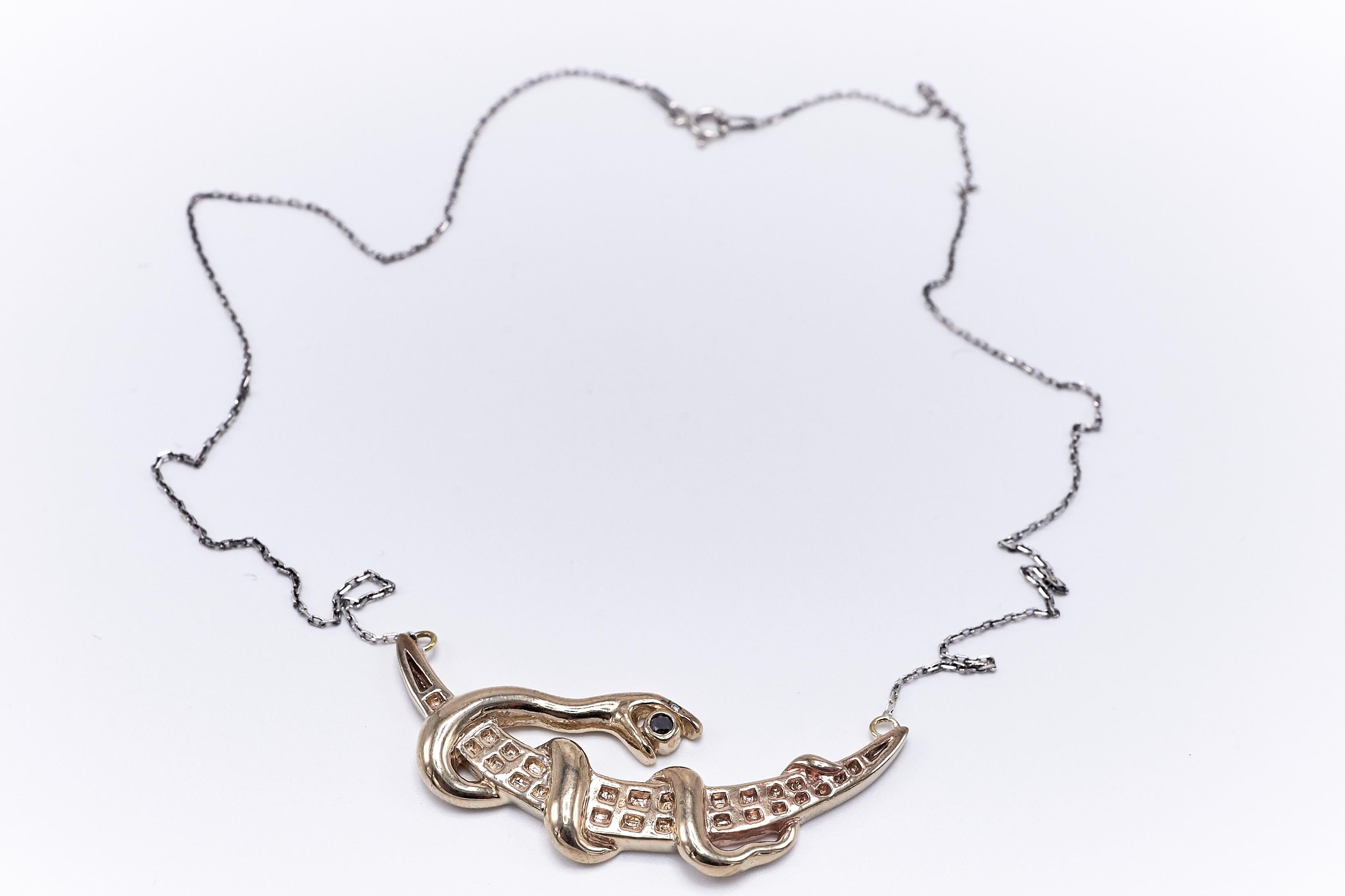 Brilliant Cut White Diamond Black Diamond Snake Moon Victorian Style Silver Chain Necklace For Sale