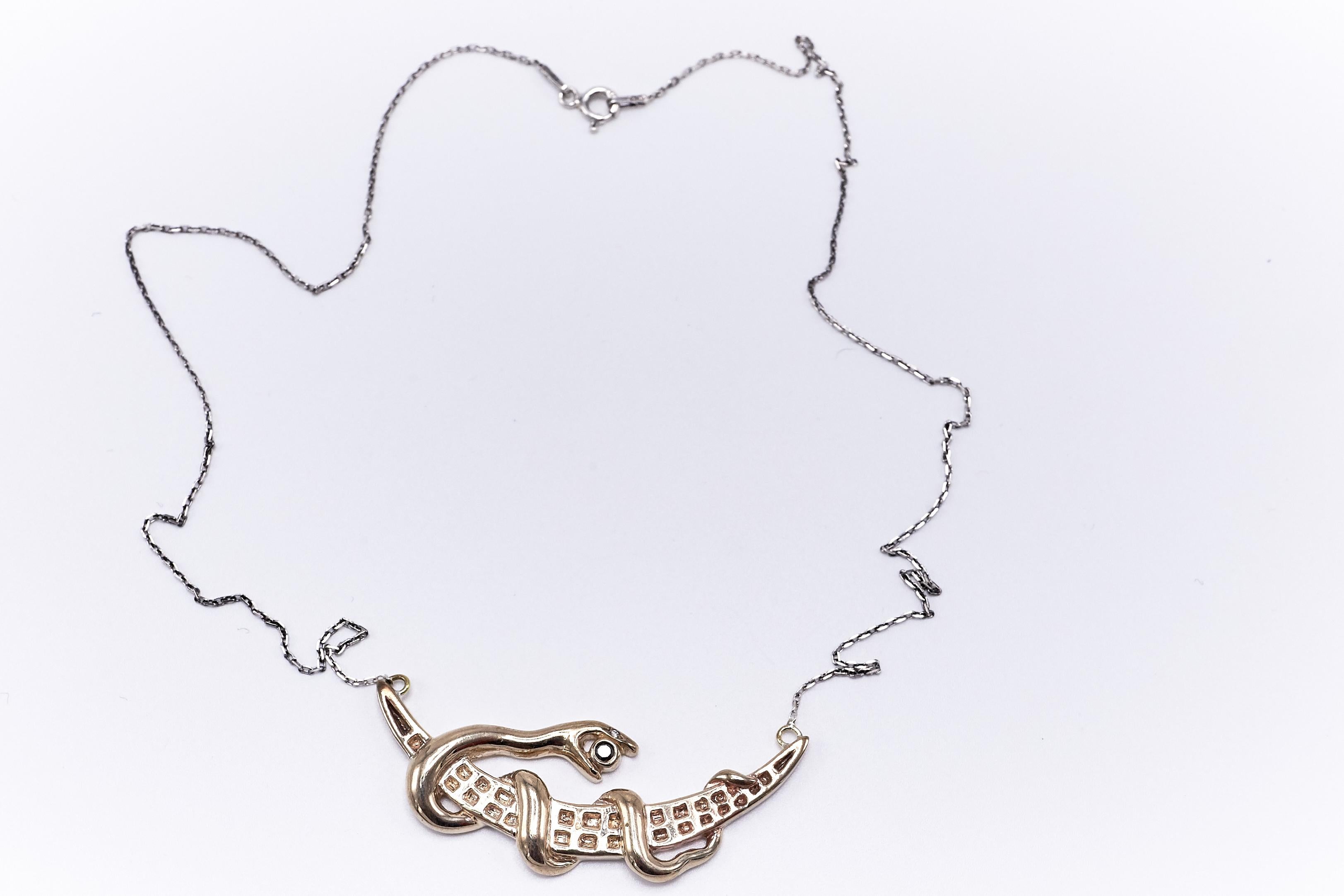 Contemporary White Diamond Black Diamond Snake Moon Victorian Style Silver Chain Necklace For Sale