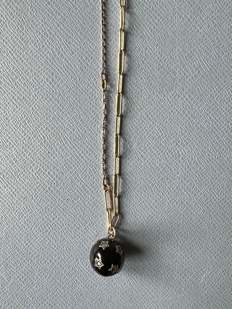 Contemporary White Diamond Black Diamond Star Ball Necklace Black Enamel Victorian Style
