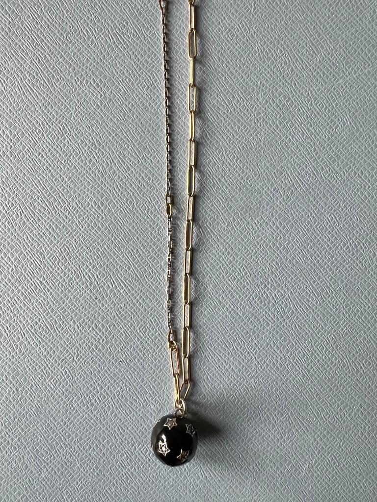 Brilliant Cut White Diamond Black Diamond Star Ball Necklace Black Enamel Victorian Style