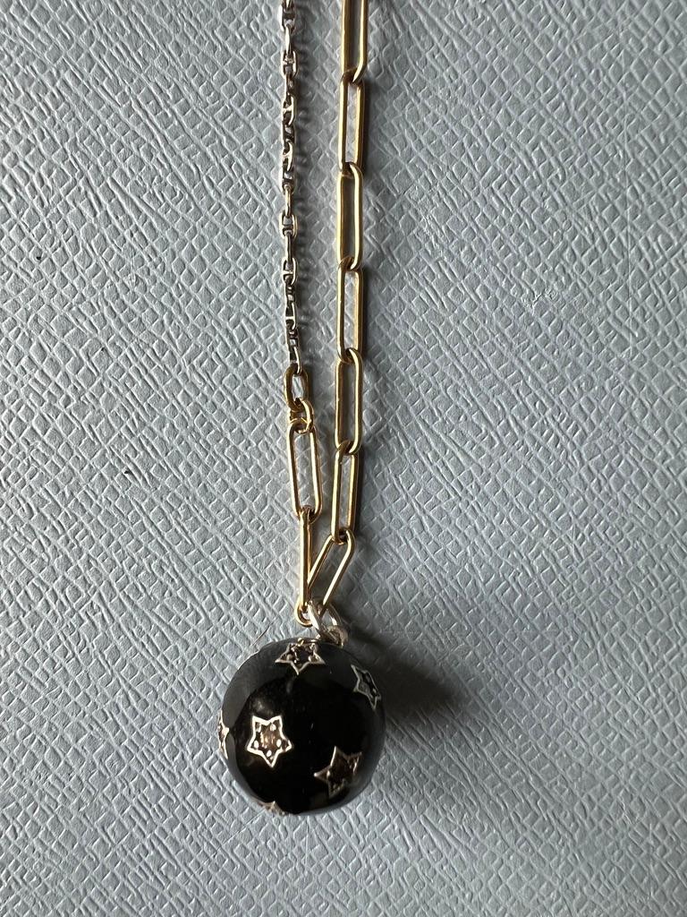 White Diamond Black Diamond Star Ball Necklace Black Enamel Victorian Style In New Condition In Los Angeles, CA