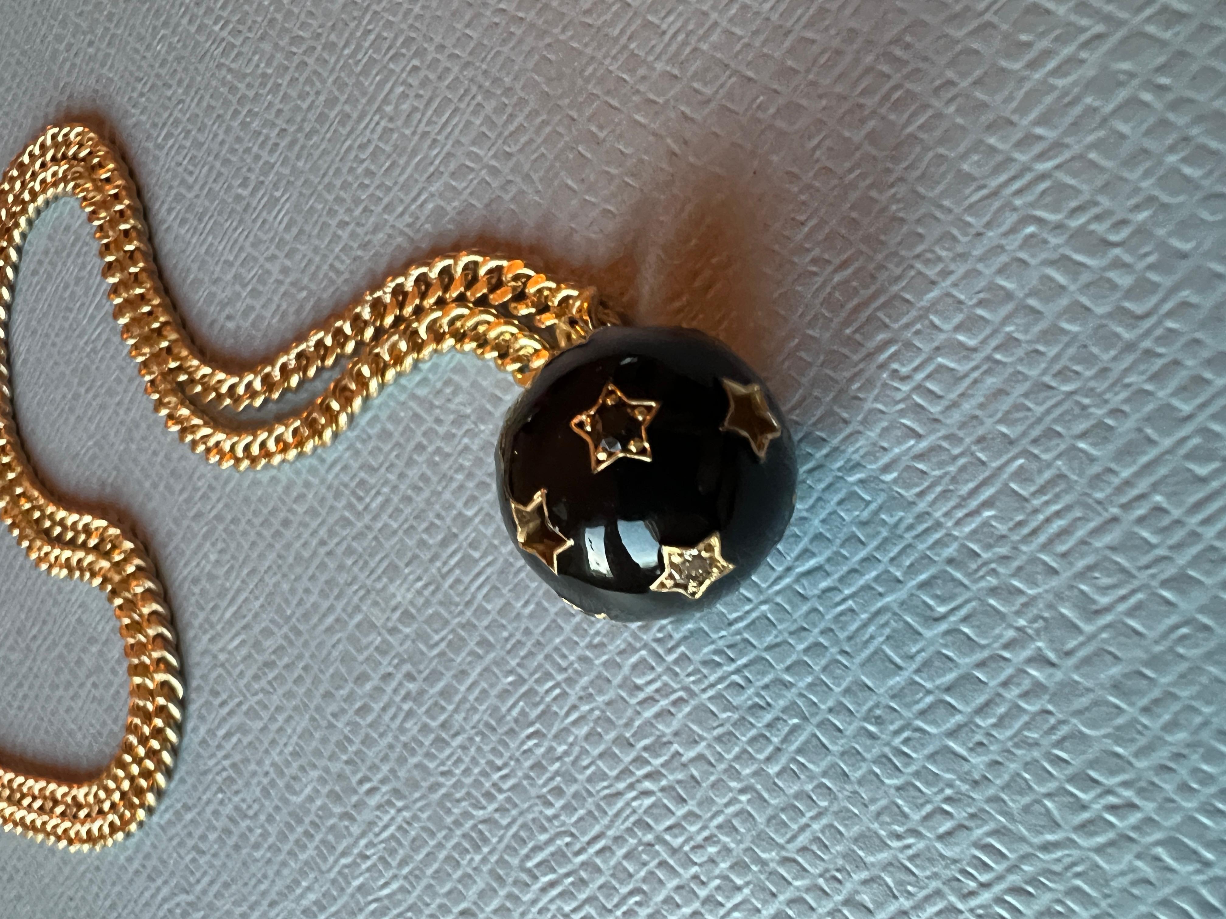 White Diamond Black Diamond Star Ball Necklace Victorian Style Black Enamel For Sale 2