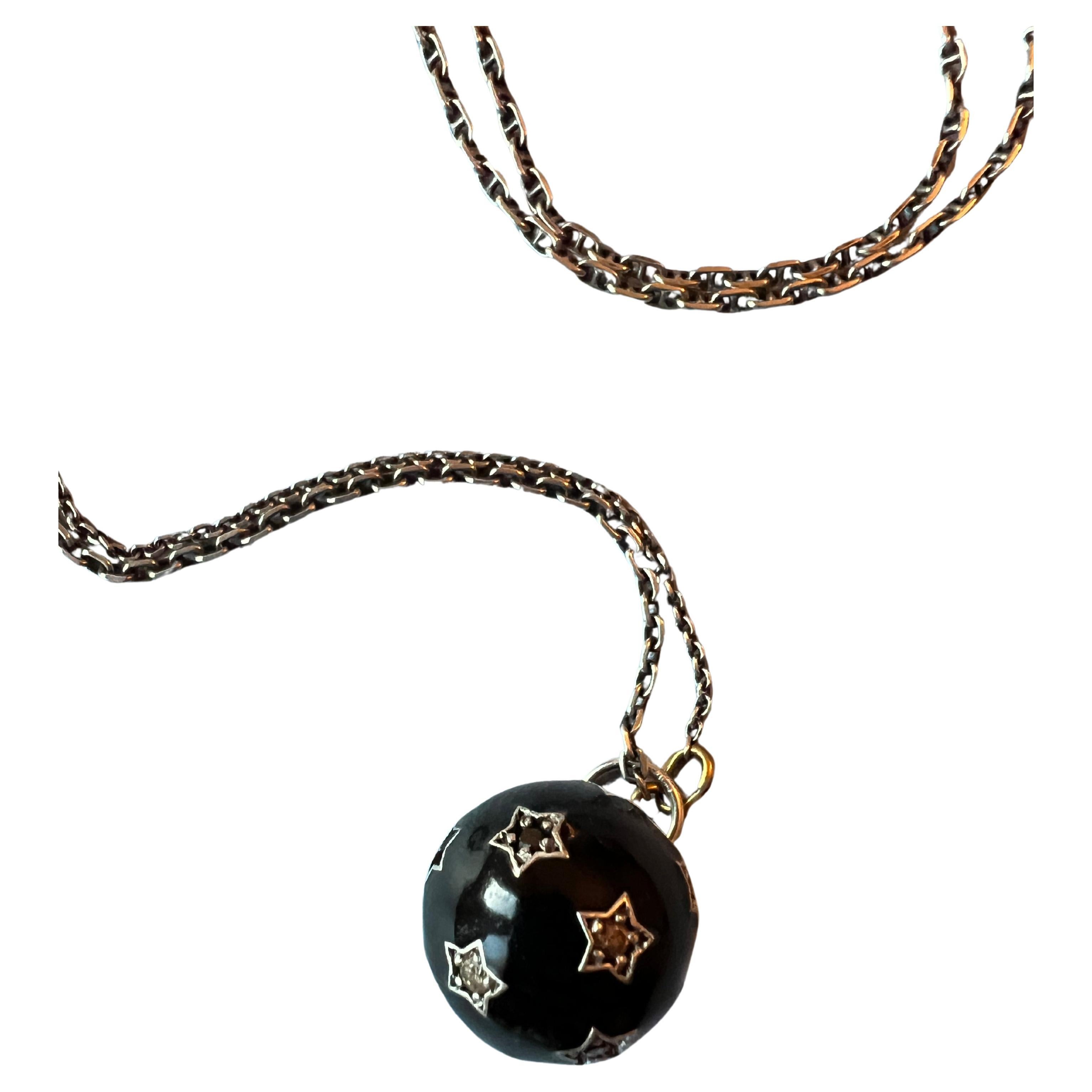 White Diamond Black Diamond Star Pendant Necklace Black Enamel Ball