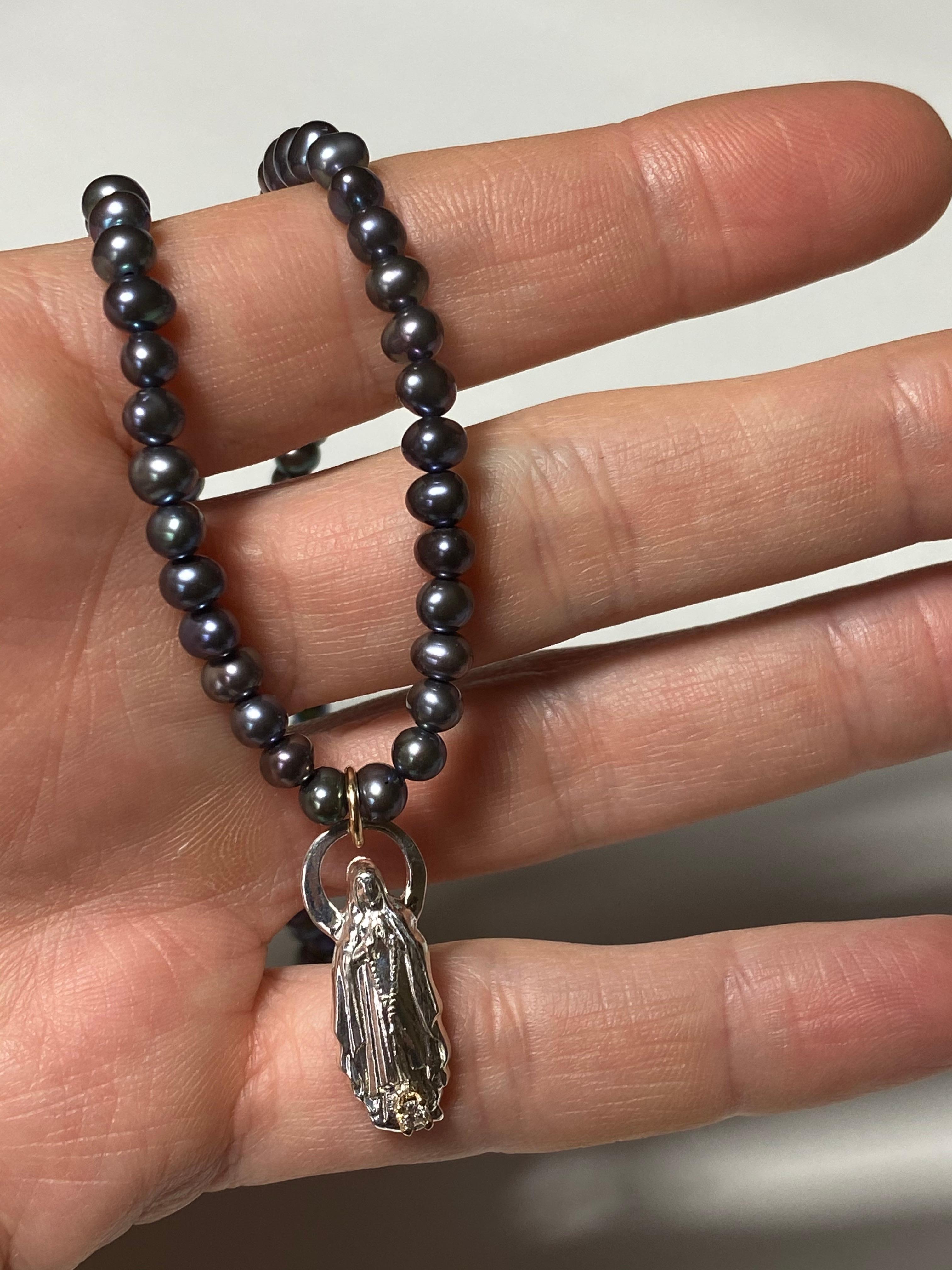 Contemporary White Diamond Black Pearl Bead Necklace Virgin Mary Medal Pendant For Sale