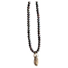 White Diamond Black Pearl Bead Necklace Virgin Mary Medal Pendant J Dauphin