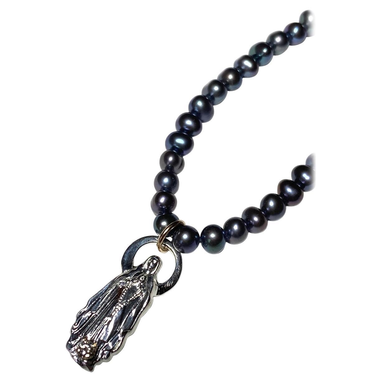Collar Gargantilla Diamante Blanco Perla Negra Colgante Figurita Virgen María