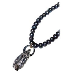 White Diamond Black Pearl Choker Necklace Virgin Mary Figurine Pendant
