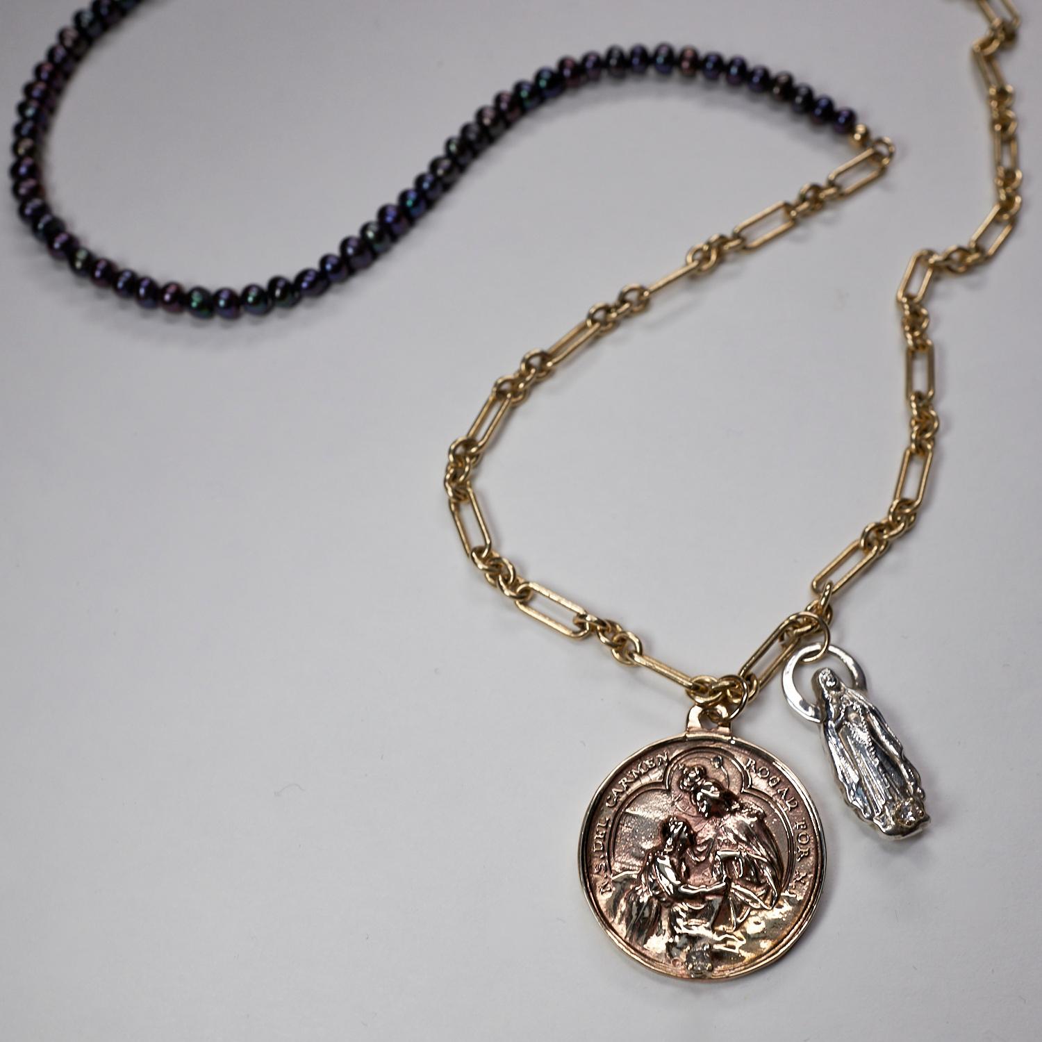 Two Raw White Diamond Set in Gold Prongs on Bronze Medal Coin Pendant and a Sterling Silver Virgin Mary Figurine Hanging on a Black Pearl and Chunky Chain Gold Filled Necklace Medal, One of a kind 24