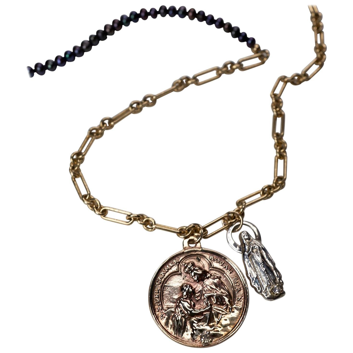 Chaîne collier en médaille épaisse en diamants blancs et perles noires avec pièce de monnaie de la Vierge Marie J Dauphin