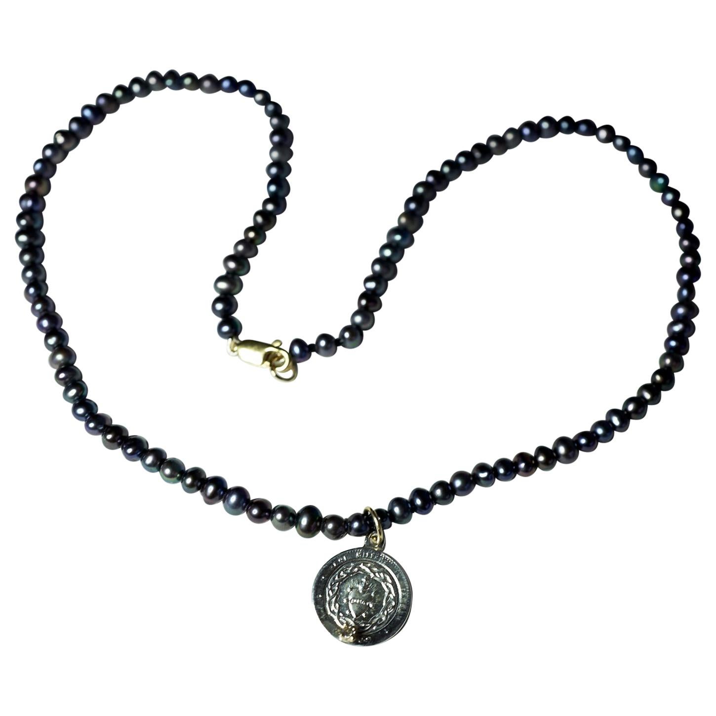 Beaded pearl black heart charm necklace