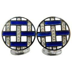 Berca White Diamond Blue Enameled Disk Shaped White Gold Setting Cufflinks