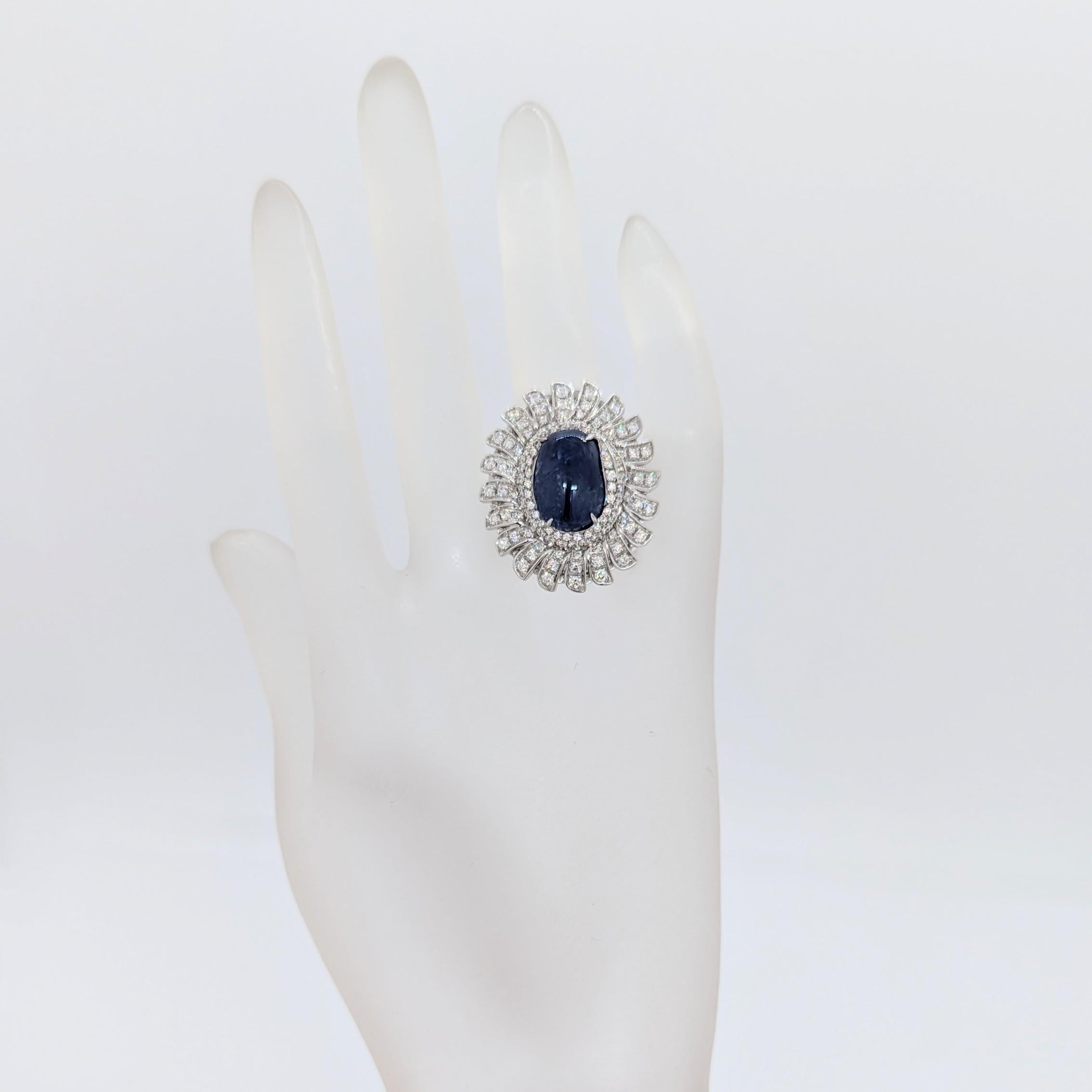 Oval Cut White Diamond & Blue Sapphire Cocktail Ring in 18K White Gold For Sale
