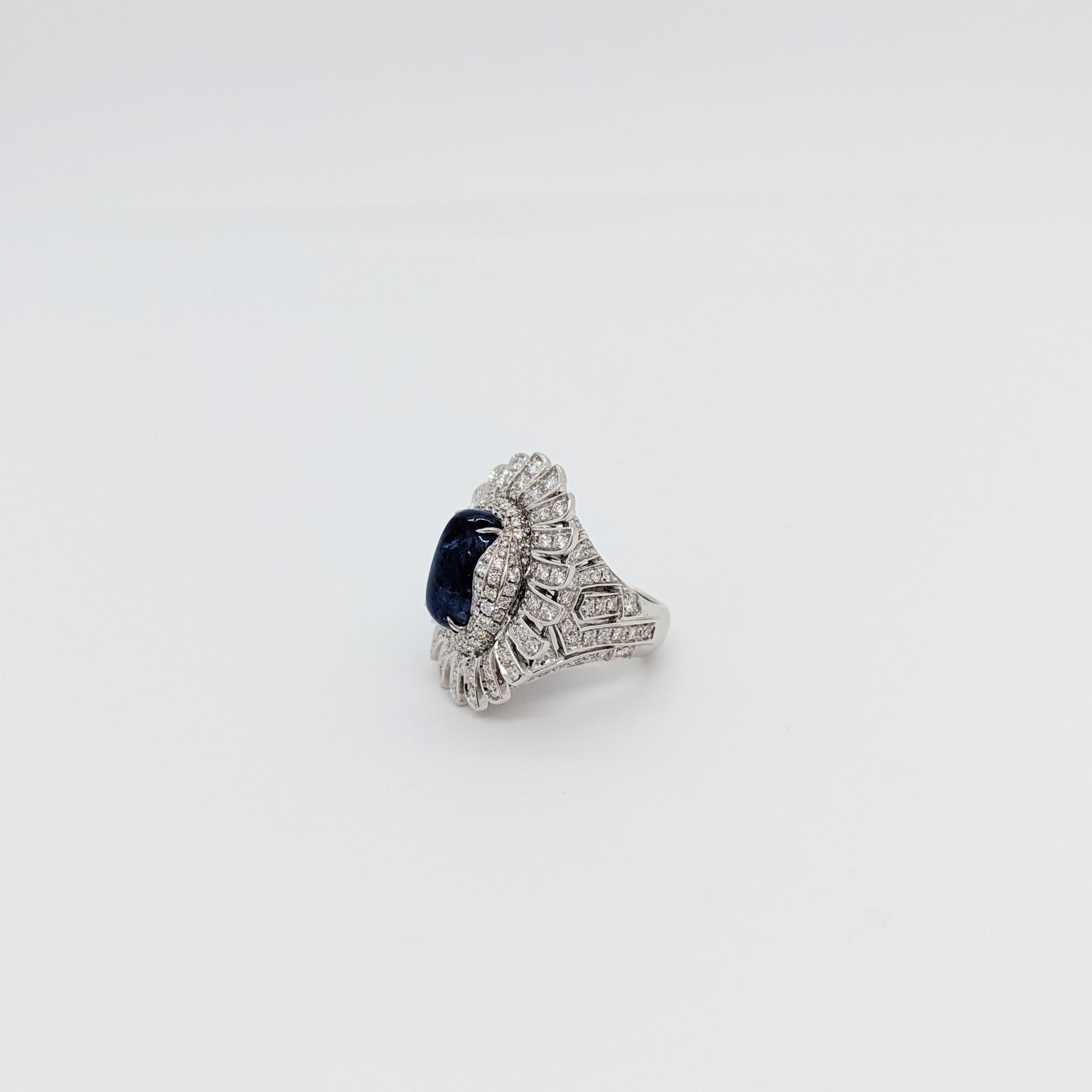 Women's or Men's White Diamond & Blue Sapphire Cocktail Ring in 18K White Gold For Sale