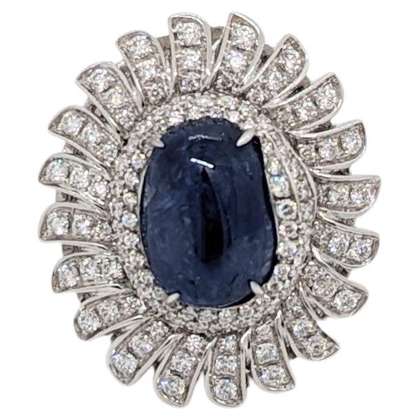 White Diamond & Blue Sapphire Cocktail Ring in 18K White Gold For Sale