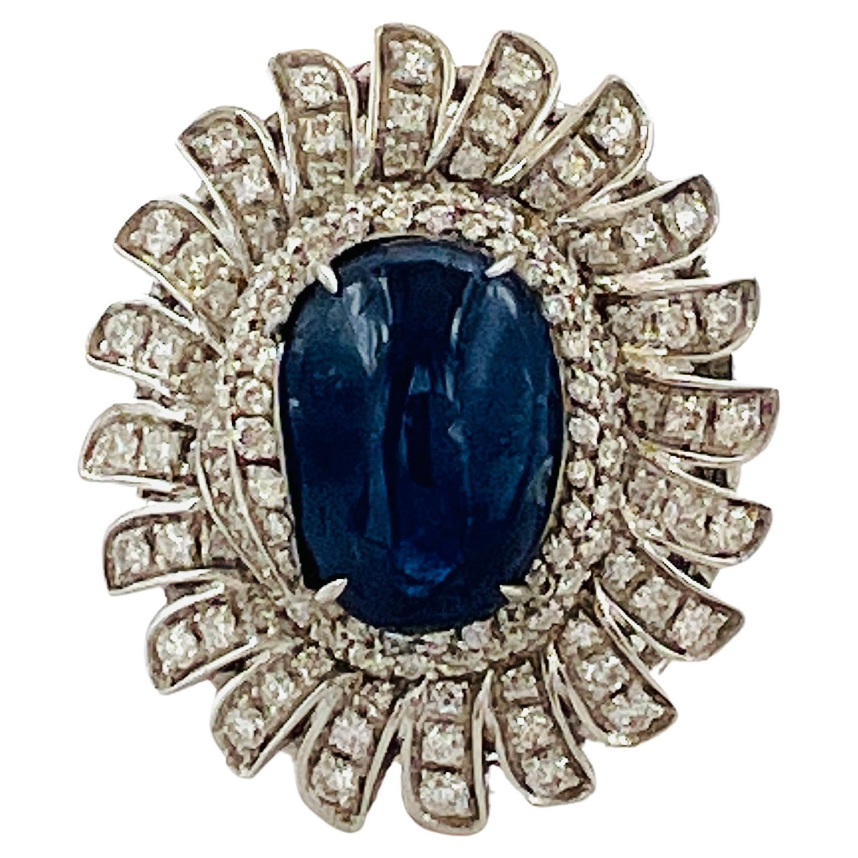 White Diamond & Blue Sapphire Cocktail Ring in 18K White Gold