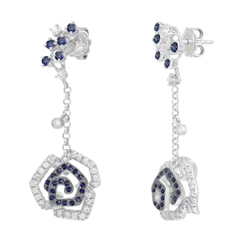White Diamond Blue Sapphire Flower Dangle Elegant Earrings for Her 18k Gold For Sale