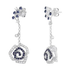 White Diamond Blue Sapphire Flower Dangle Elegant Earrings for Her 18k Gold