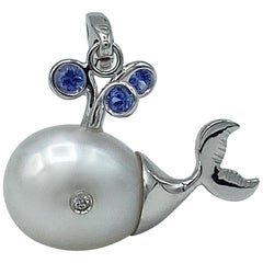 White Diamond Blue Sapphire Pearl 18 Karat Gold Whale Pendant/Necklace and Charm