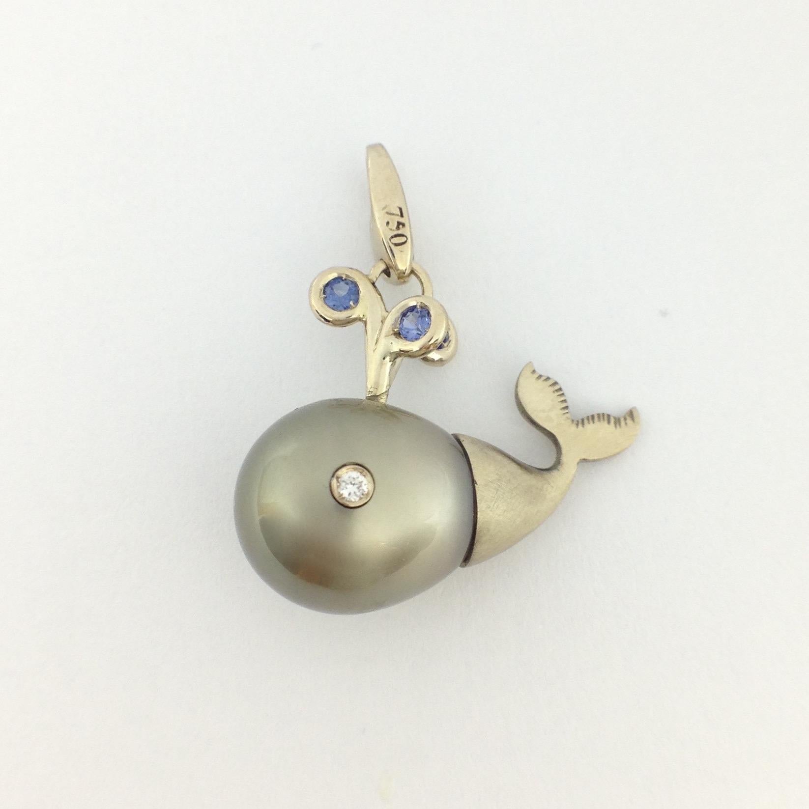 Petronilla Diamond Blue Sapphire Pearl 18Kt Gold Whale Pendant/Necklace or Charm 5
